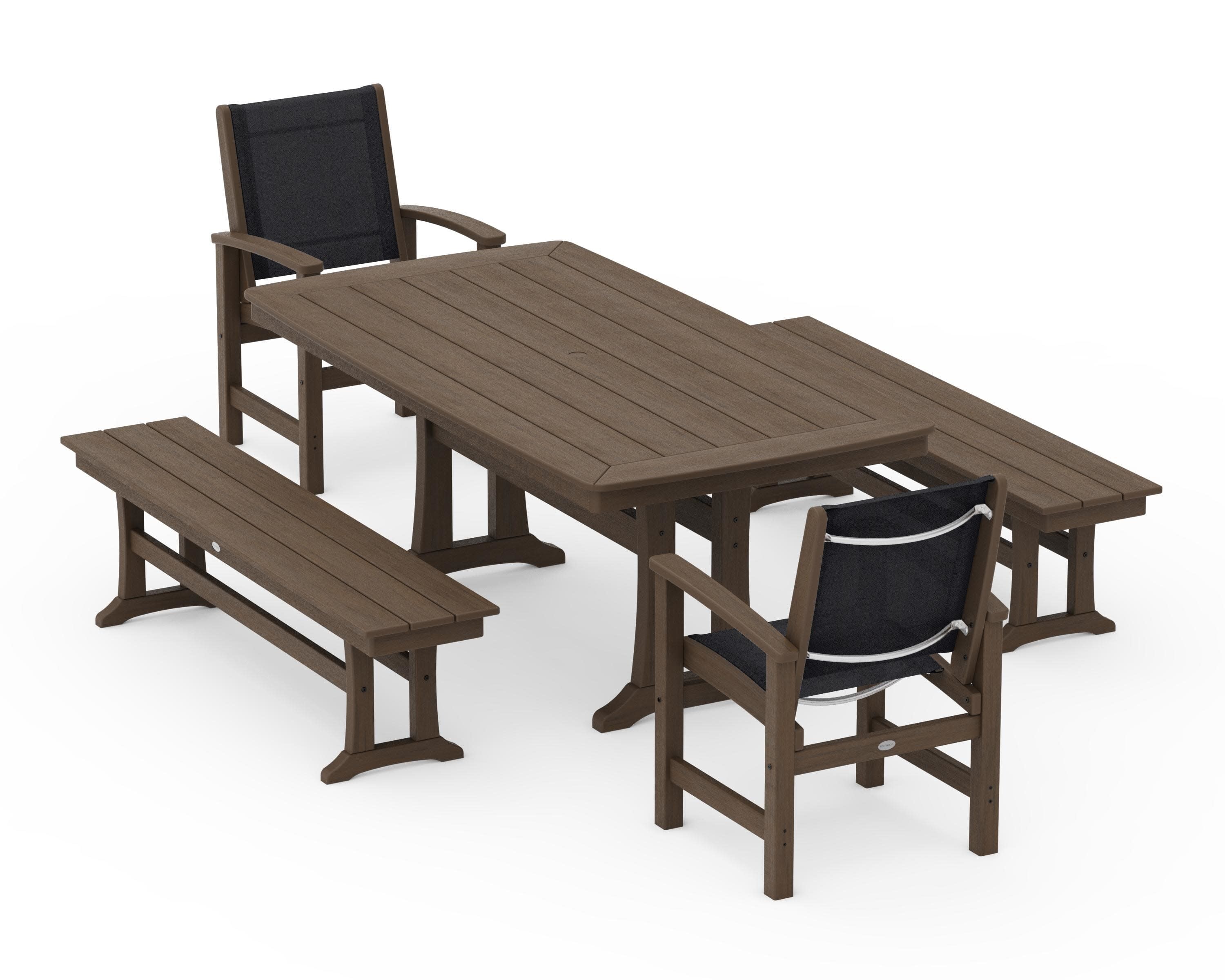 Coastal 5-Piece Dining Set with Trestle Legs and Benches in Kona / Black Sling