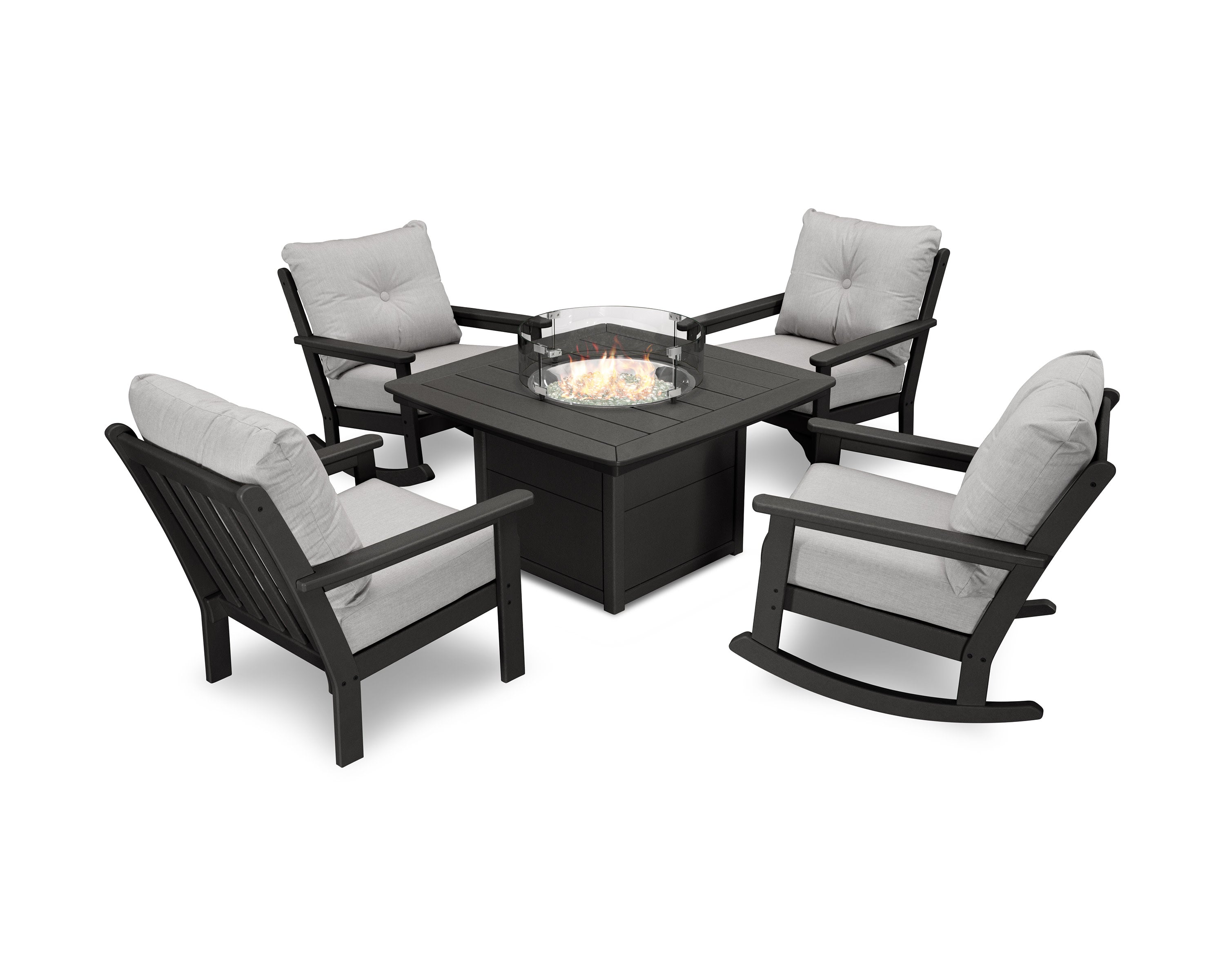 Vineyard 5-Piece Deep Seating Rocking Chair Conversation Set with Fire Pit Table in Black / Granite