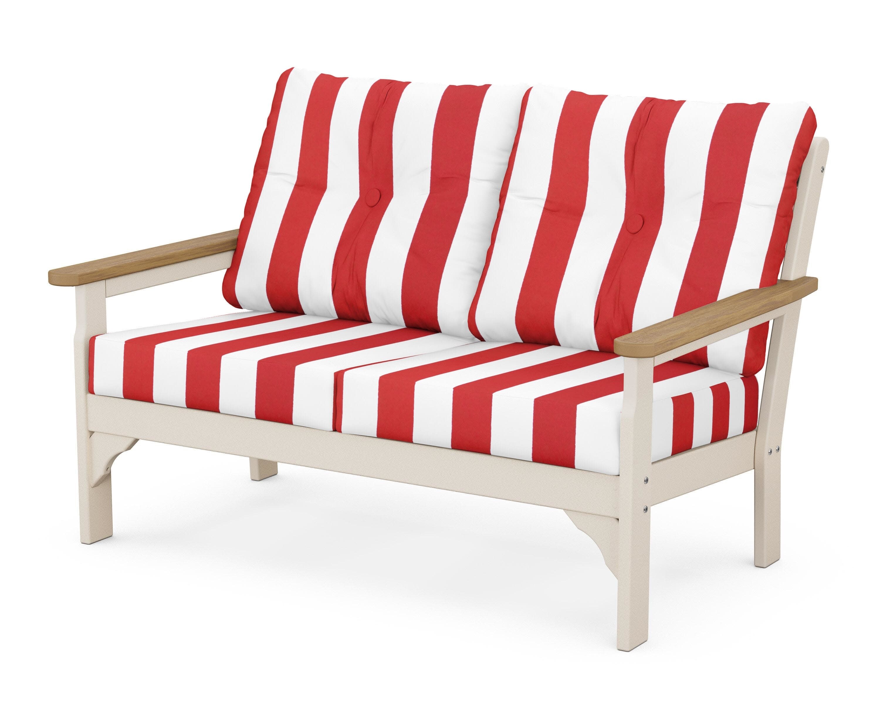 Vineyard Deep Seating Loveseat in Sand / Natural / Cabana Stripe Crimson