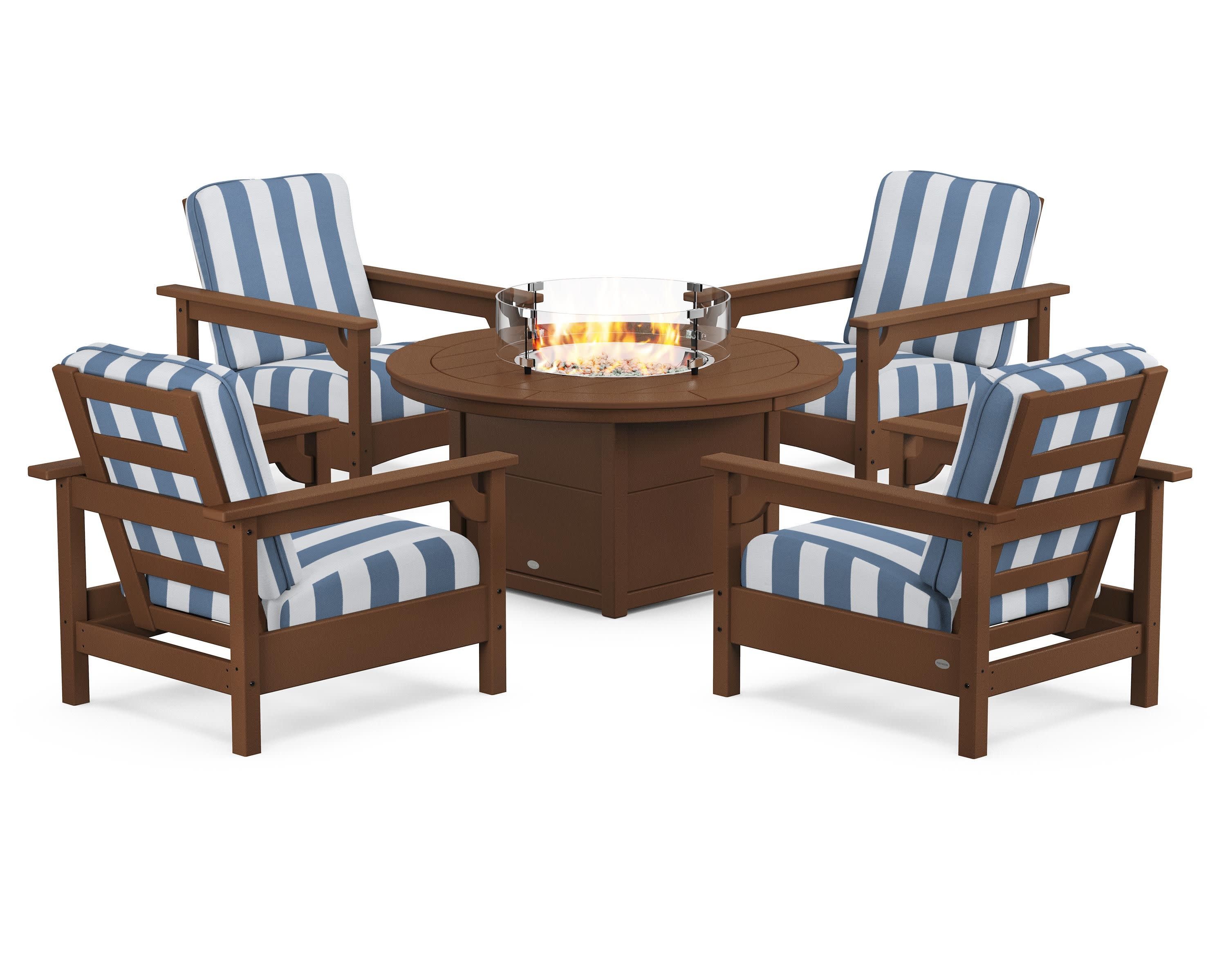 Club 5-Piece Conversation Set with Fire Pit Table in Teak / Cabana Stripe Sky Blue