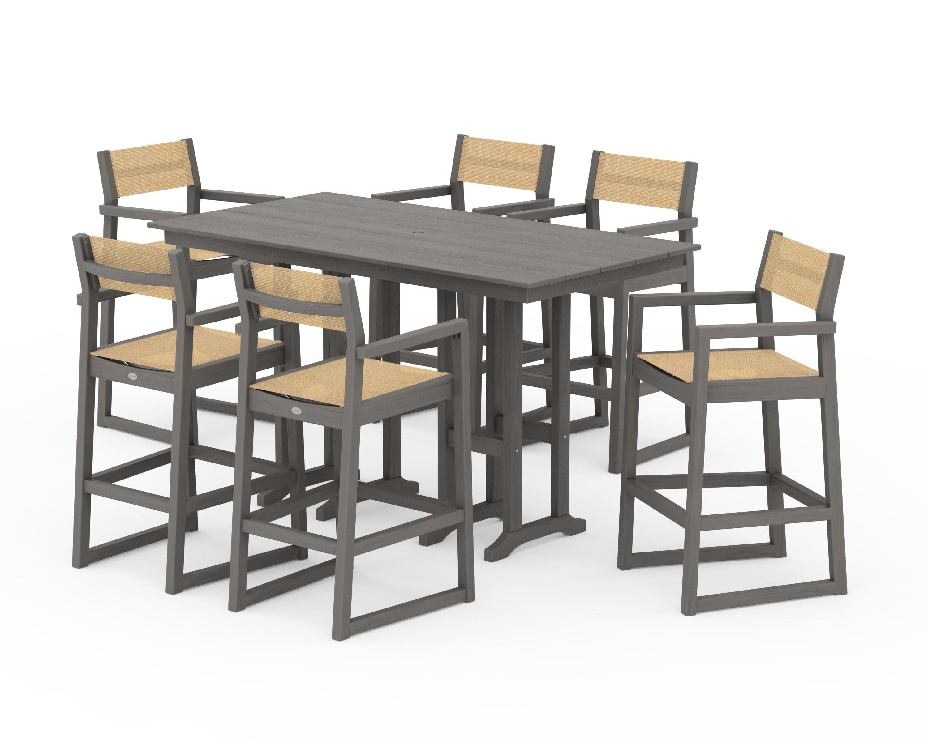 EDGE Sling Arm Chair 7-Piece Farmhouse Bar Set in Driftwood / Dupioni Apricot Sling