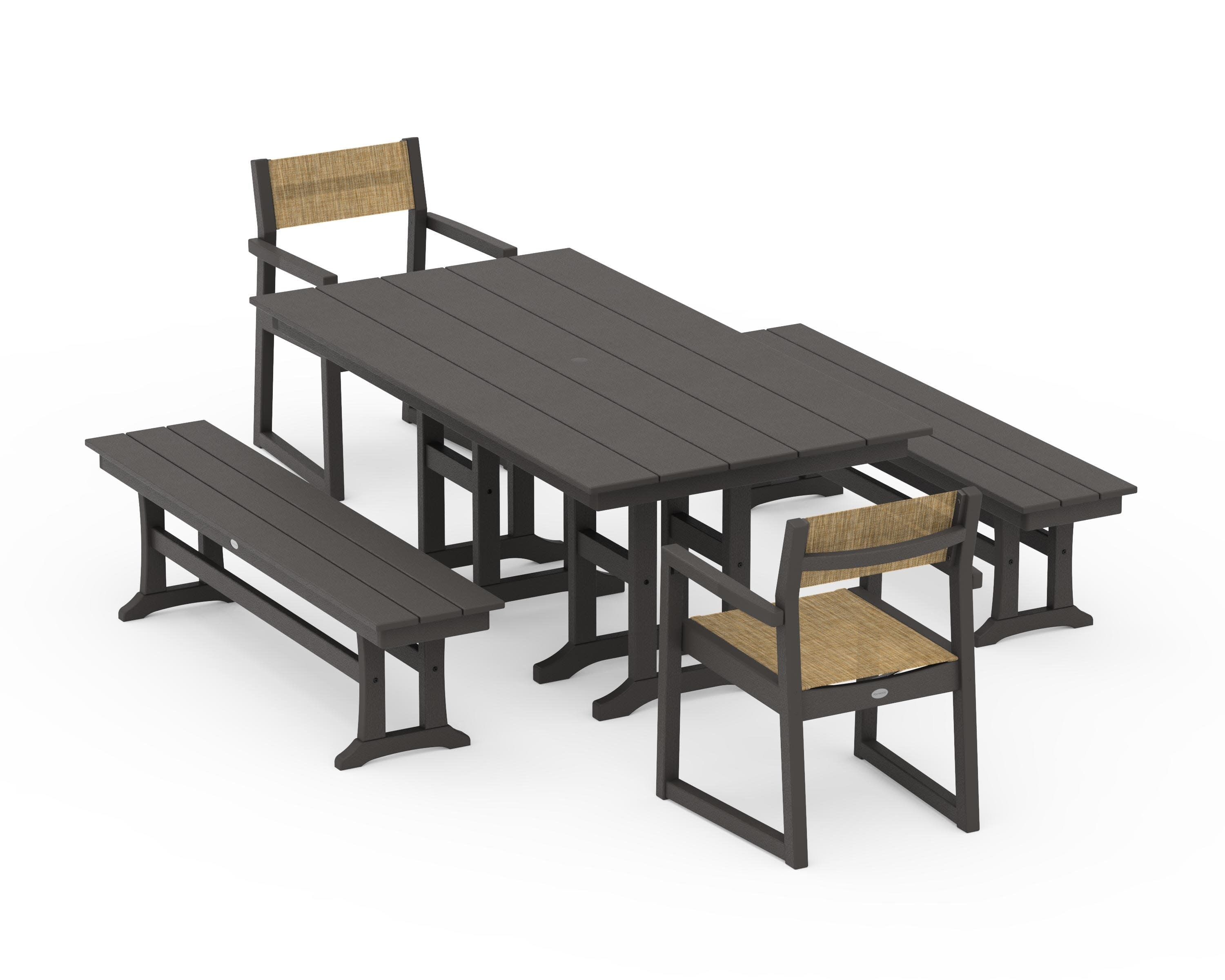 EDGE Sling Arm Chair 5-Piece Farmhouse Dining Set with Benches in Vintage Coffee / Burlap Sling
