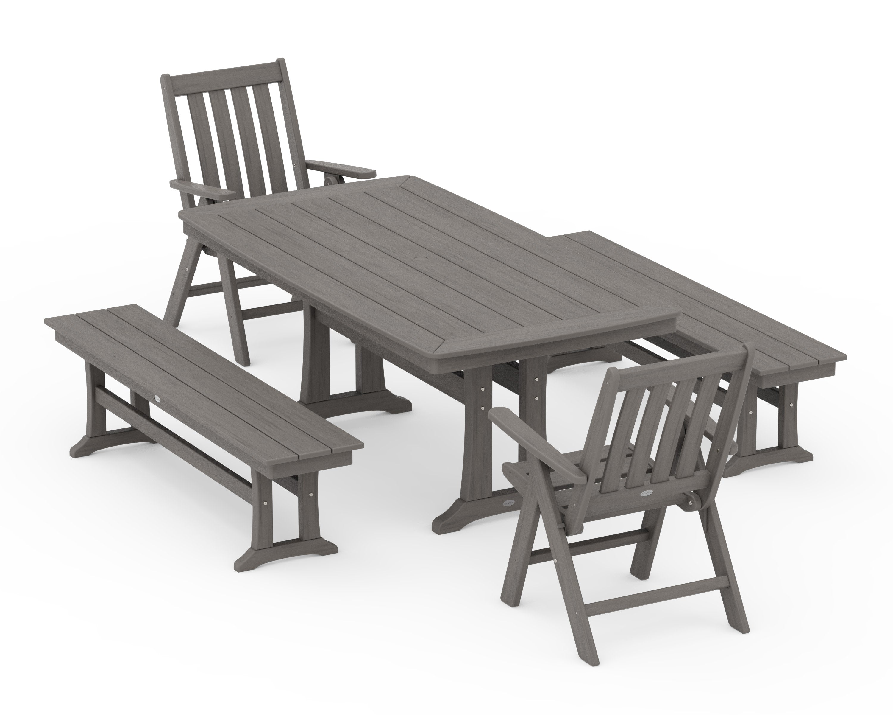 Vineyard Folding Chair 5-Piece Dining Set with Trestle Legs and Benches in Driftwood