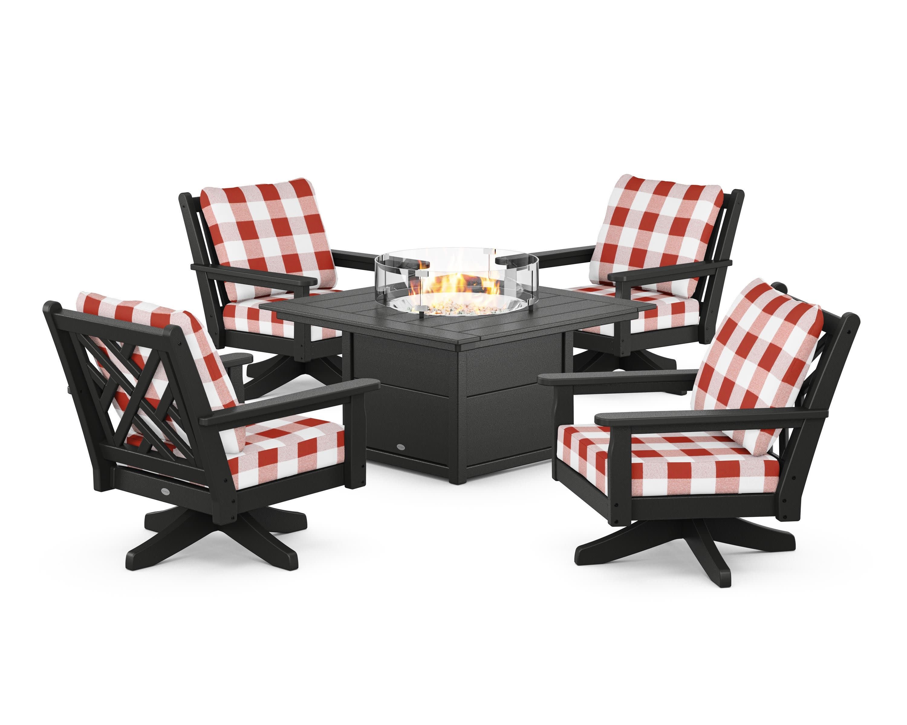 Chippendale 5-Piece Deep Seating Swivel Conversation Set with Fire Pit Table in Black / Buffalo Plaid Crimson