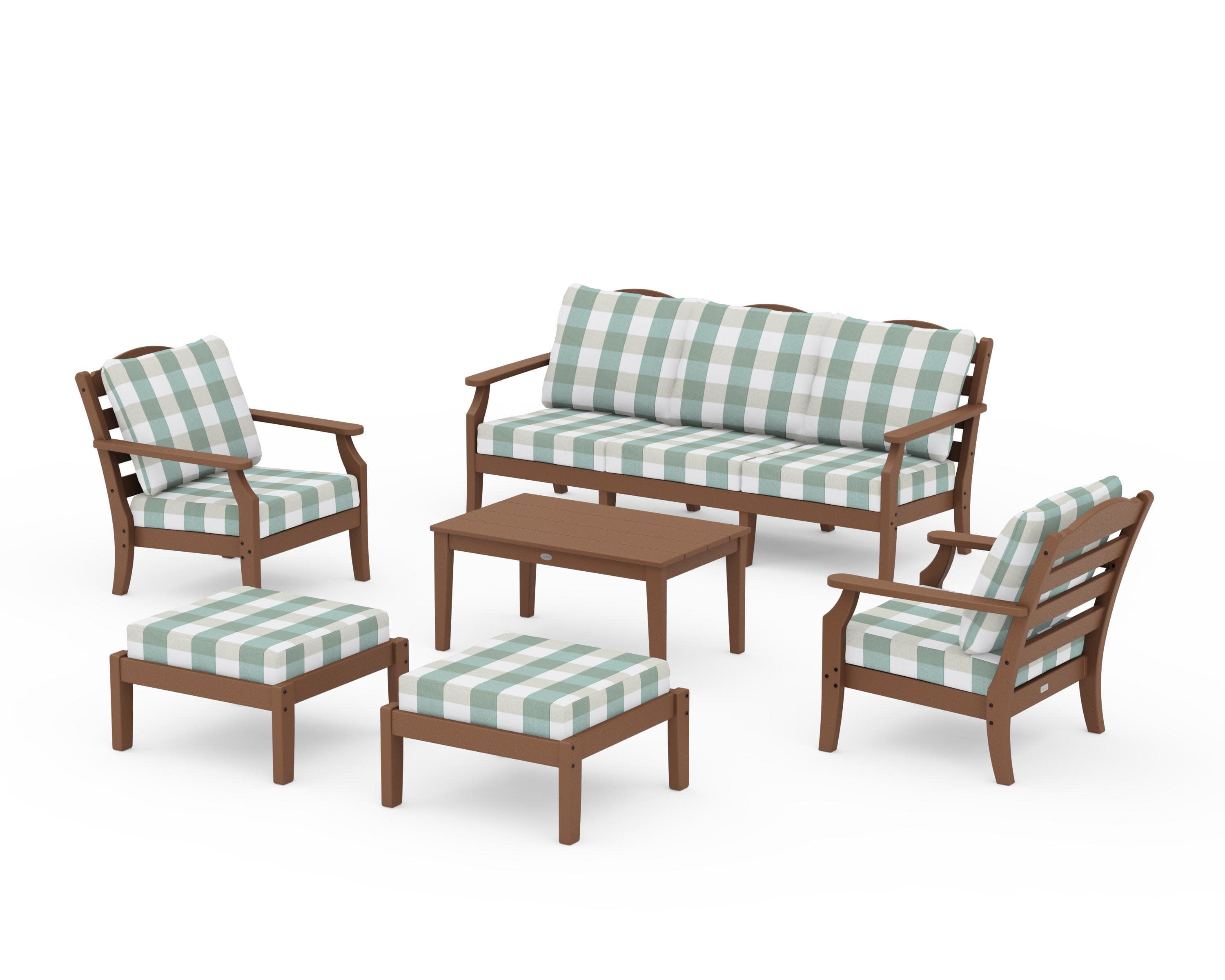 Savannah 6-Piece Lounge Sofa Set in Teak / Buffalo Plaid Glacier Spa
