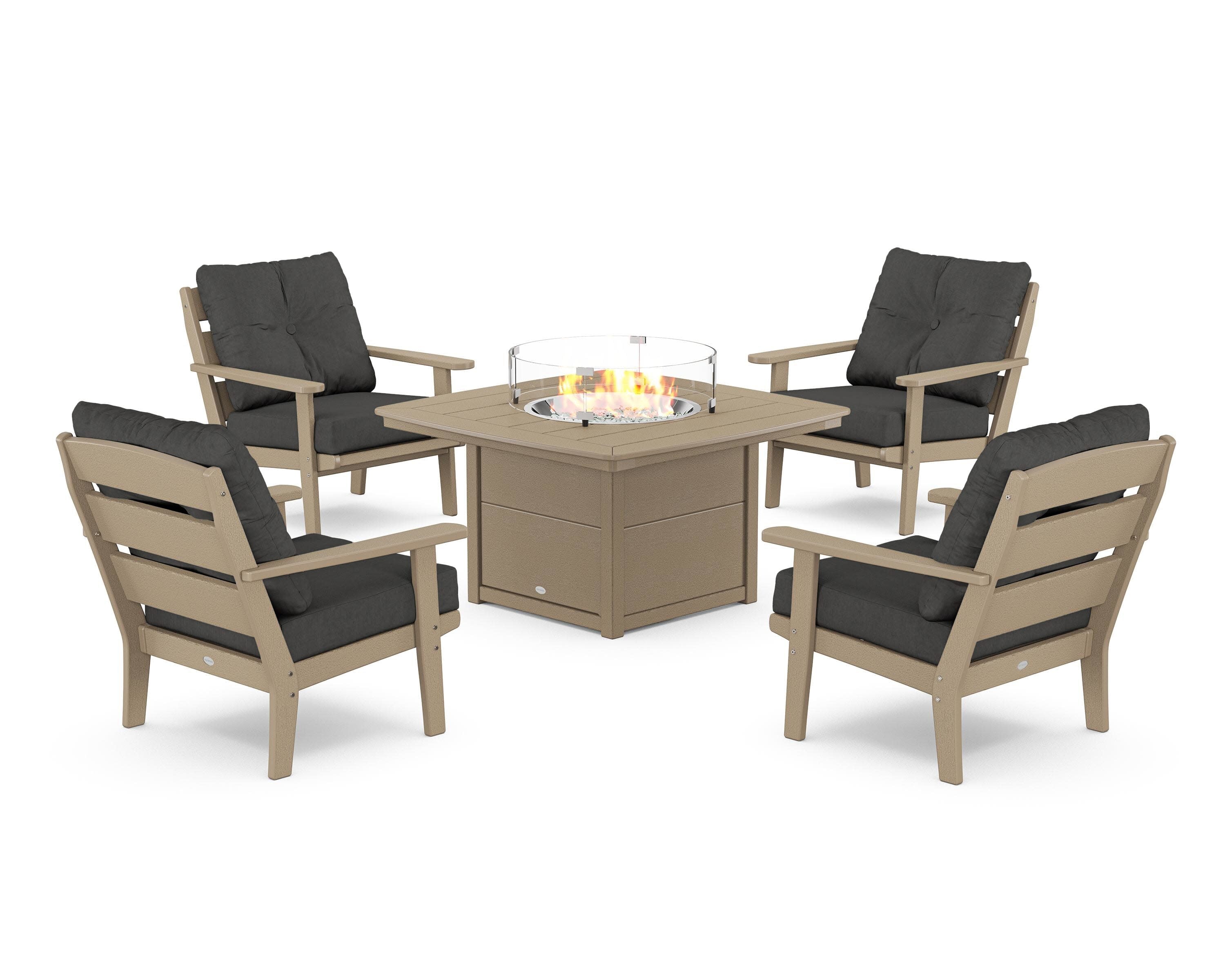Lakeside 5-Piece Deep Seating Set with Nautical Fire Pit Table in Vintage Sahara / Spectrum Carbon