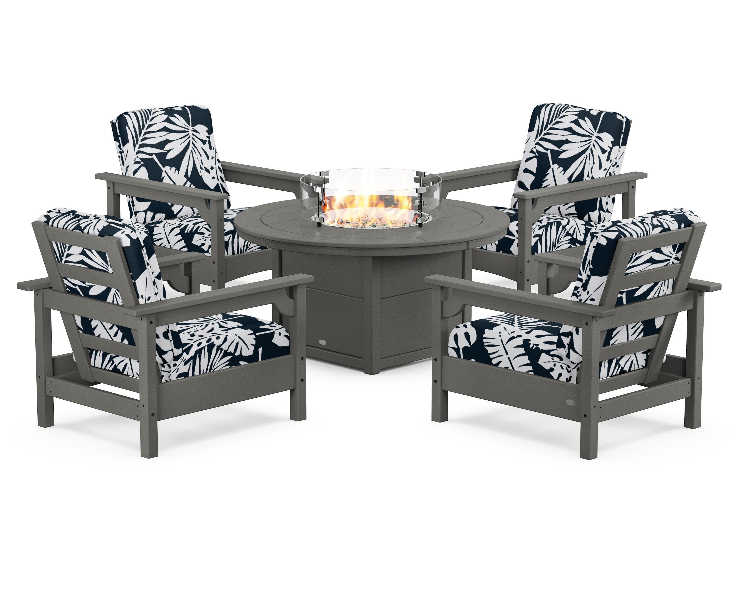 Club 5-Piece Conversation Set with Fire Pit Table in Slate Grey / Leaf Marine Indigo