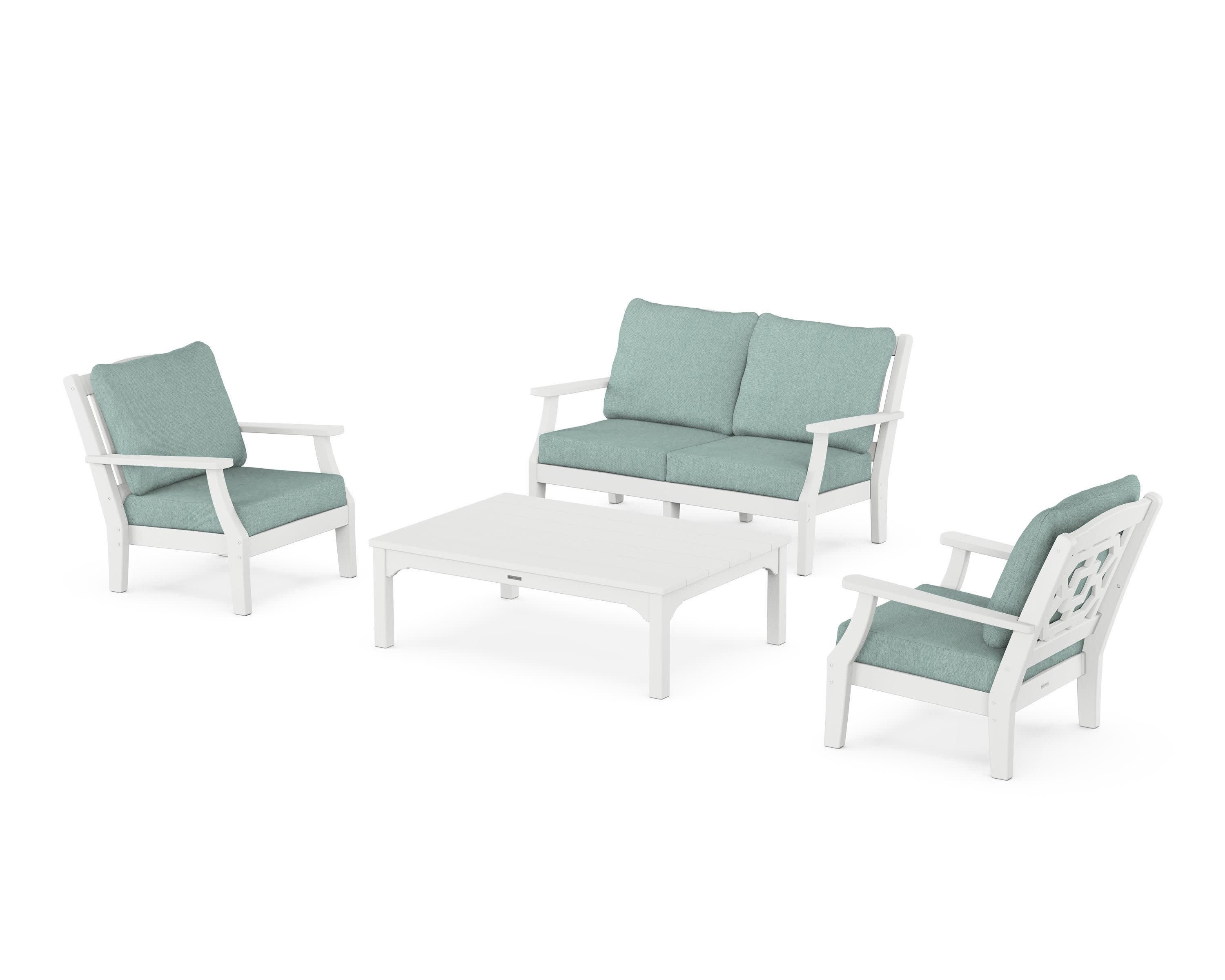Chinoiserie 4-Piece Deep Seating Set with Loveseat in White / Glacier Spa