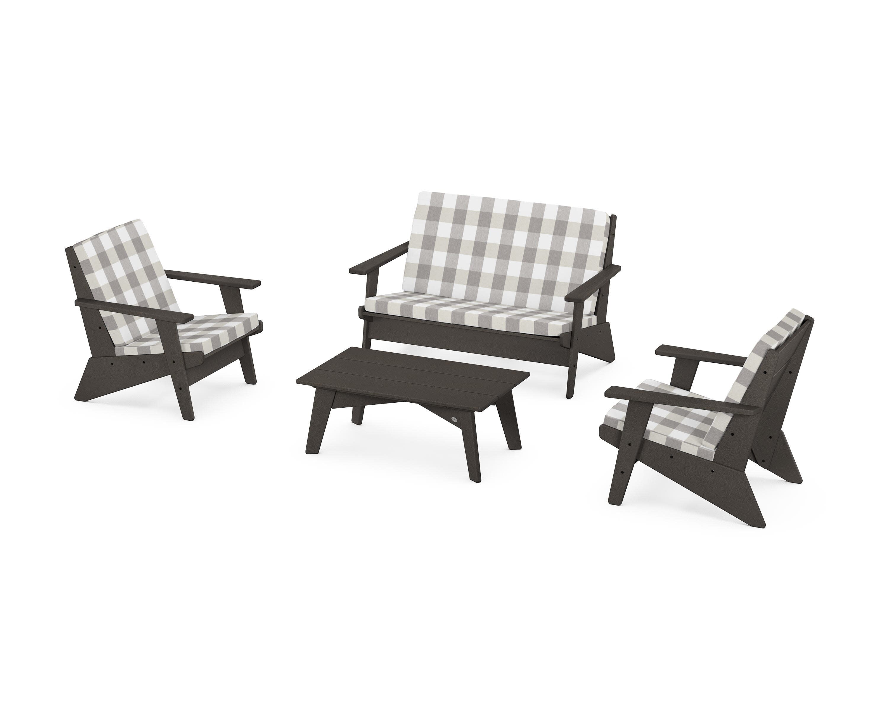 Riviera Modern Lounge 4-Piece Set in Vintage Coffee / Buffalo Plaid Grey Mist