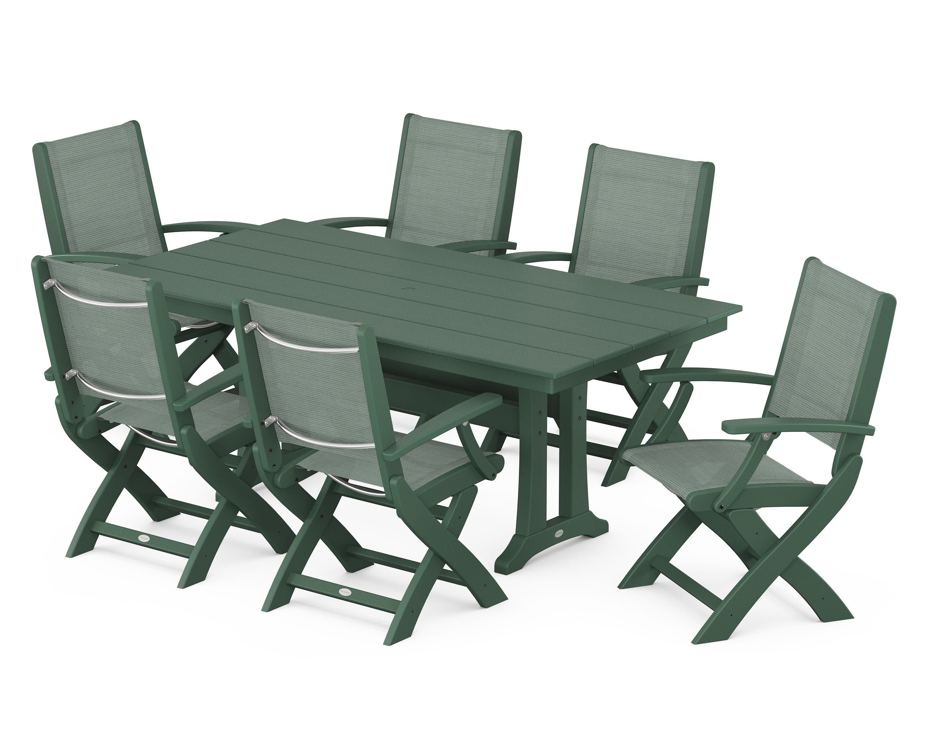 Coastal Folding Arm Chair 7-Piece Farmhouse Dining Set with Trestle Legs in Green / Dupioni Sea Mist Sling
