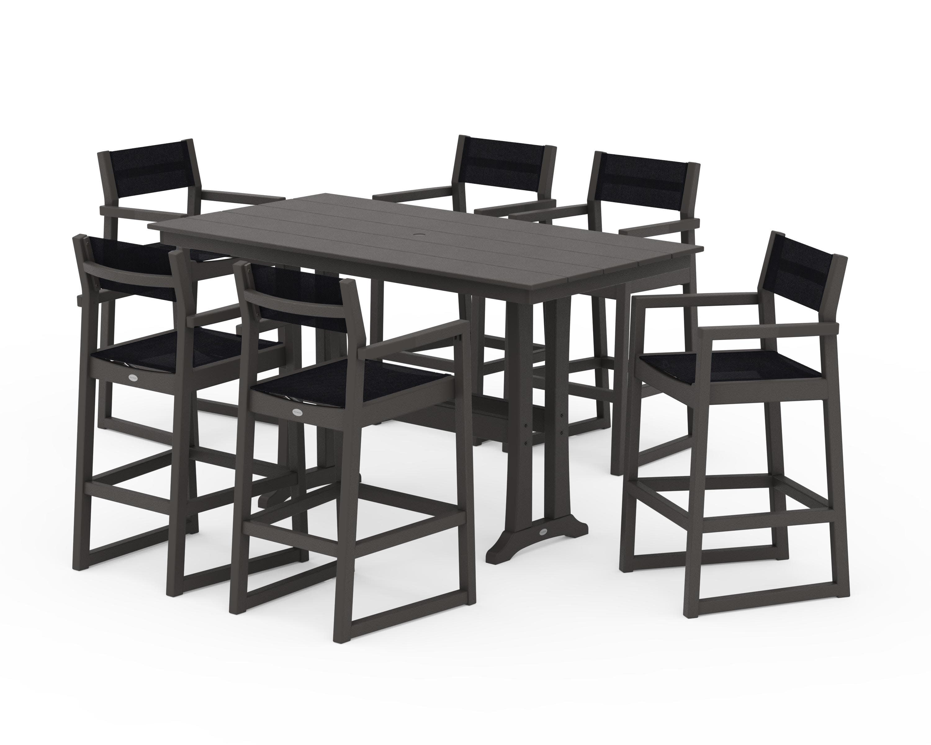 EDGE Sling Arm Chair 7-Piece Farmhouse Bar Set with Trestle Legs in Vintage Coffee / Black Sling