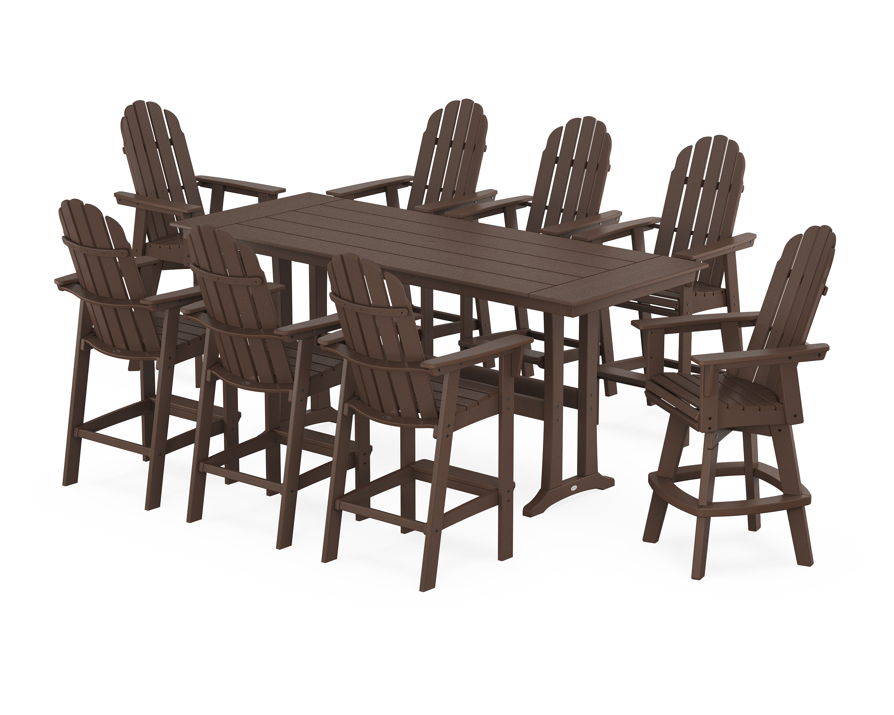 Vineyard Curveback Adirondack Swivel 9-Piece Farmhouse Bar Set with Trestle Legs in Mahogany