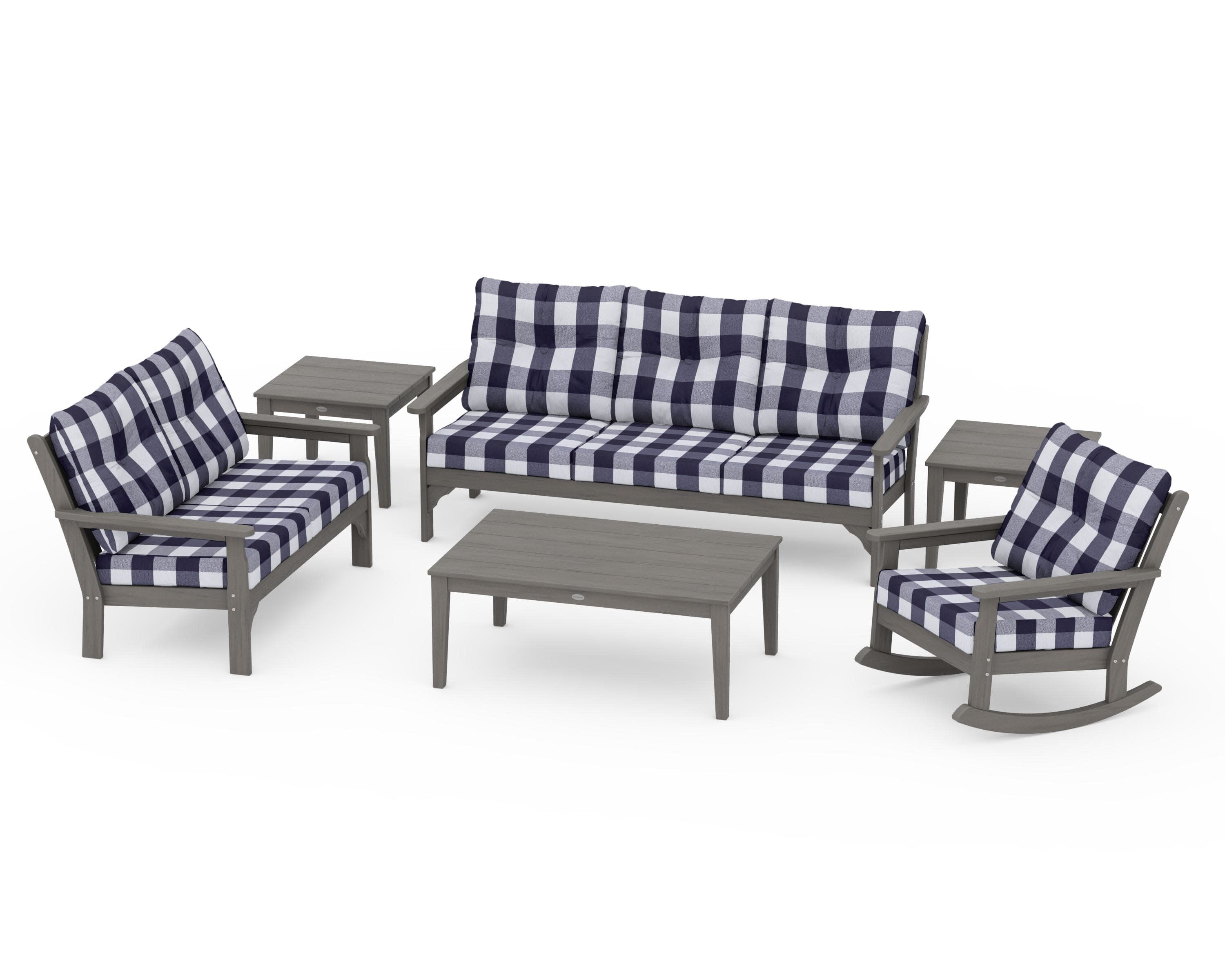 Vineyard 6-Piece Deep Seating Set in Driftwood / Buffalo Plaid Navy