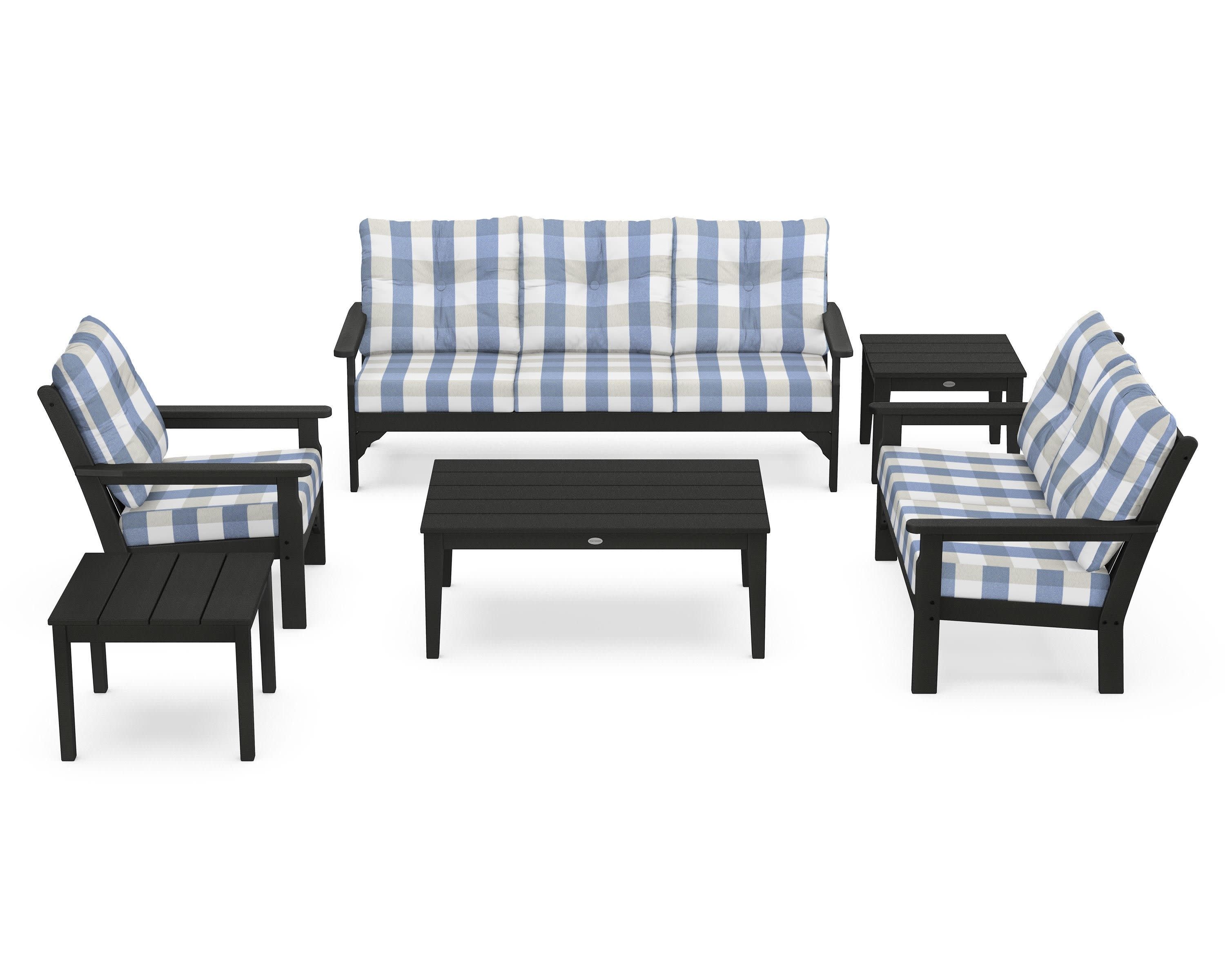 Vineyard 6-Piece Deep Seating Set in Green / Buffalo Plaid Sky Blue