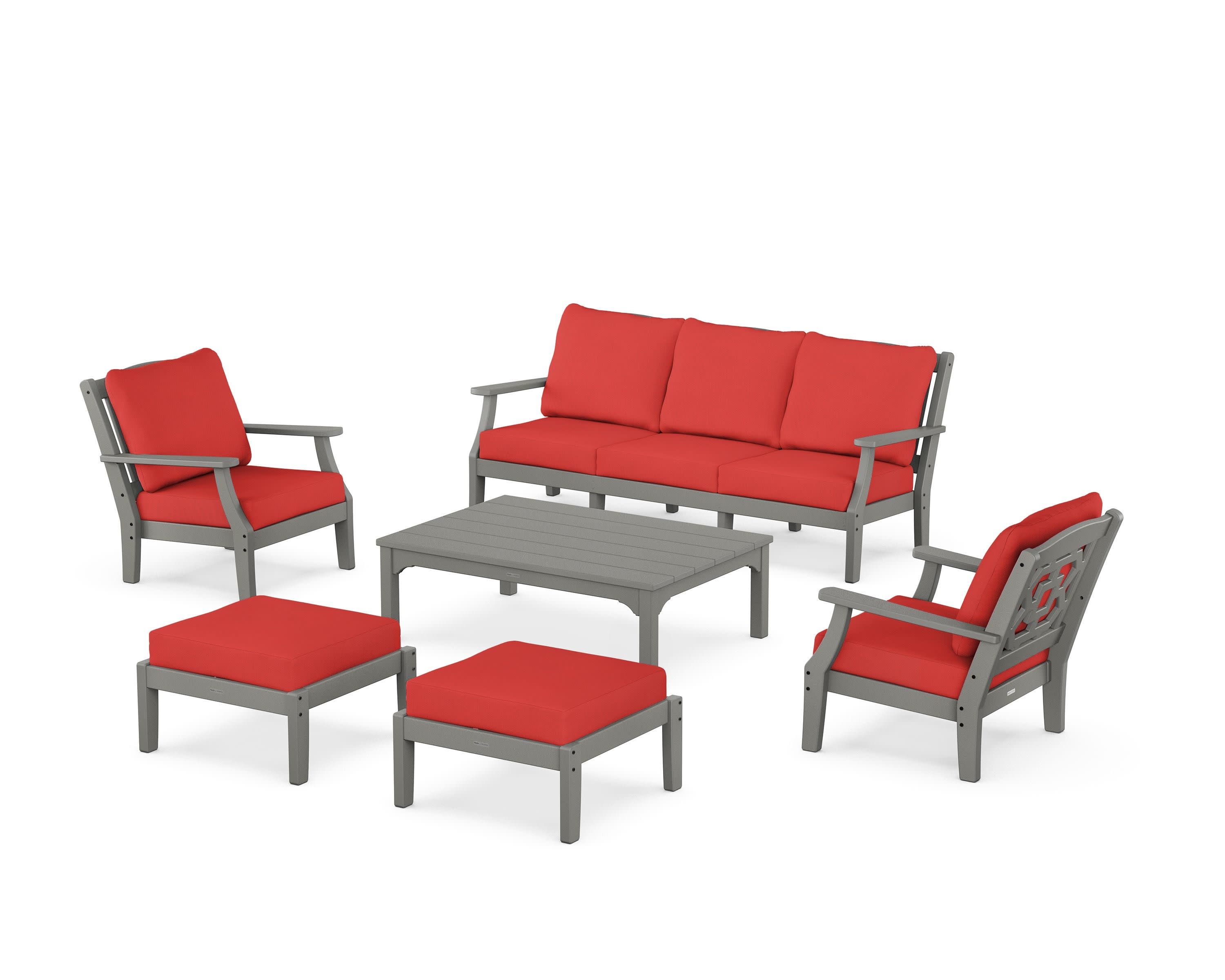Chinoiserie 6-Piece Lounge Sofa Set in Slate Grey / Crimson Linen