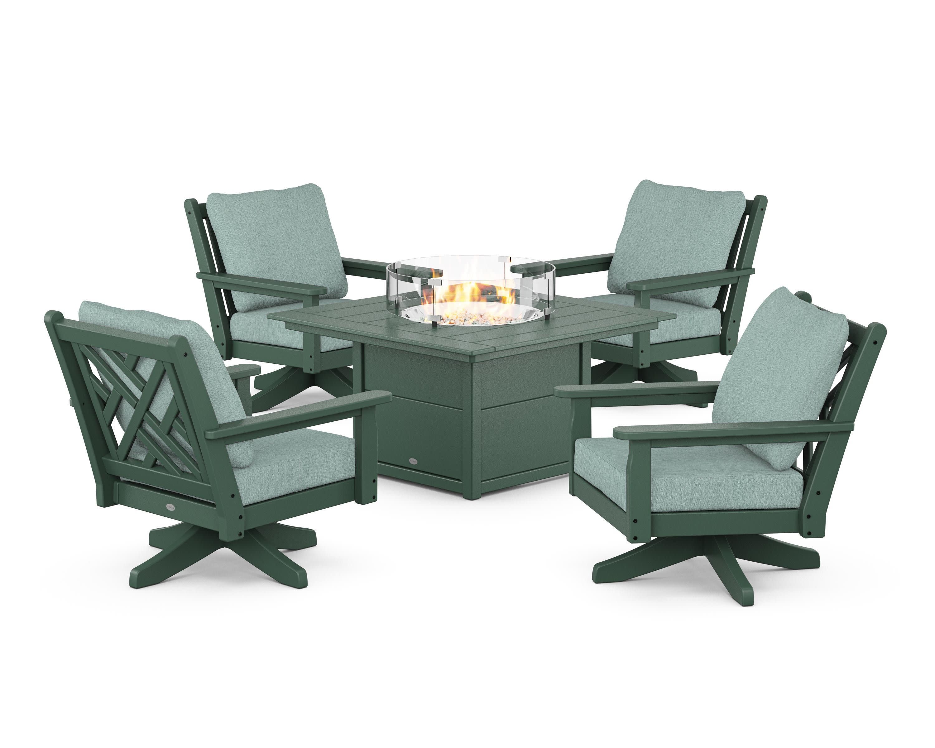 Chippendale 5-Piece Deep Seating Swivel Conversation Set with Fire Pit Table in Green / Glacier Spa
