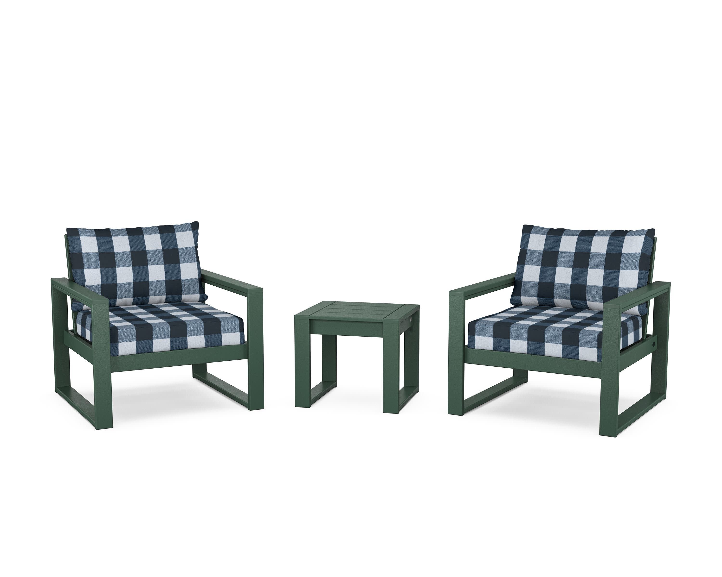 EDGE Sectional 3-Piece Deep Seating Set in Green / Buffalo Plaid Marine Indigo