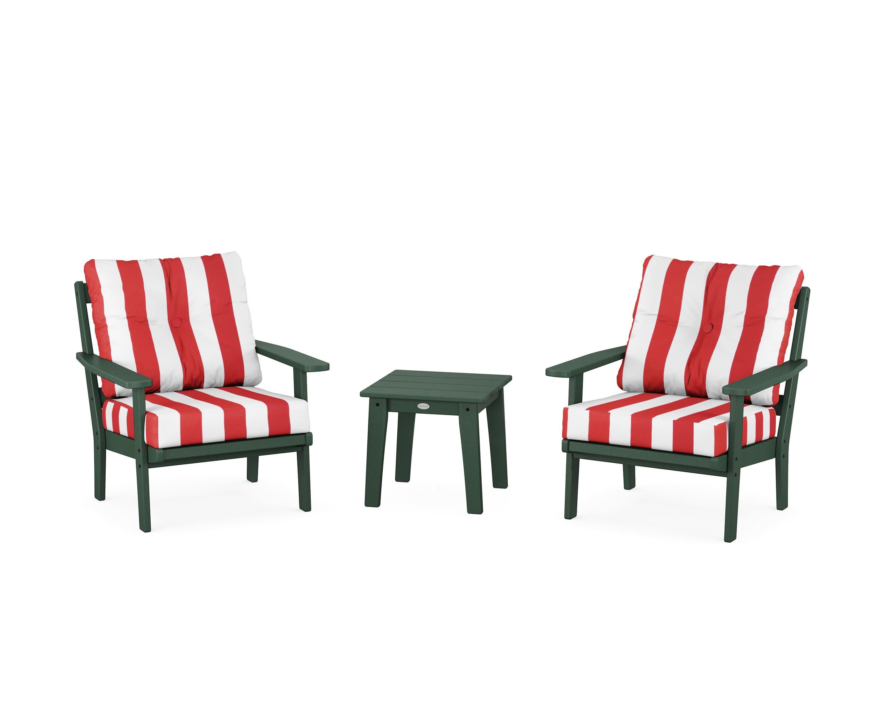 Oxford 3-Piece Deep Seating Set in Green / Cabana Stripe Crimson