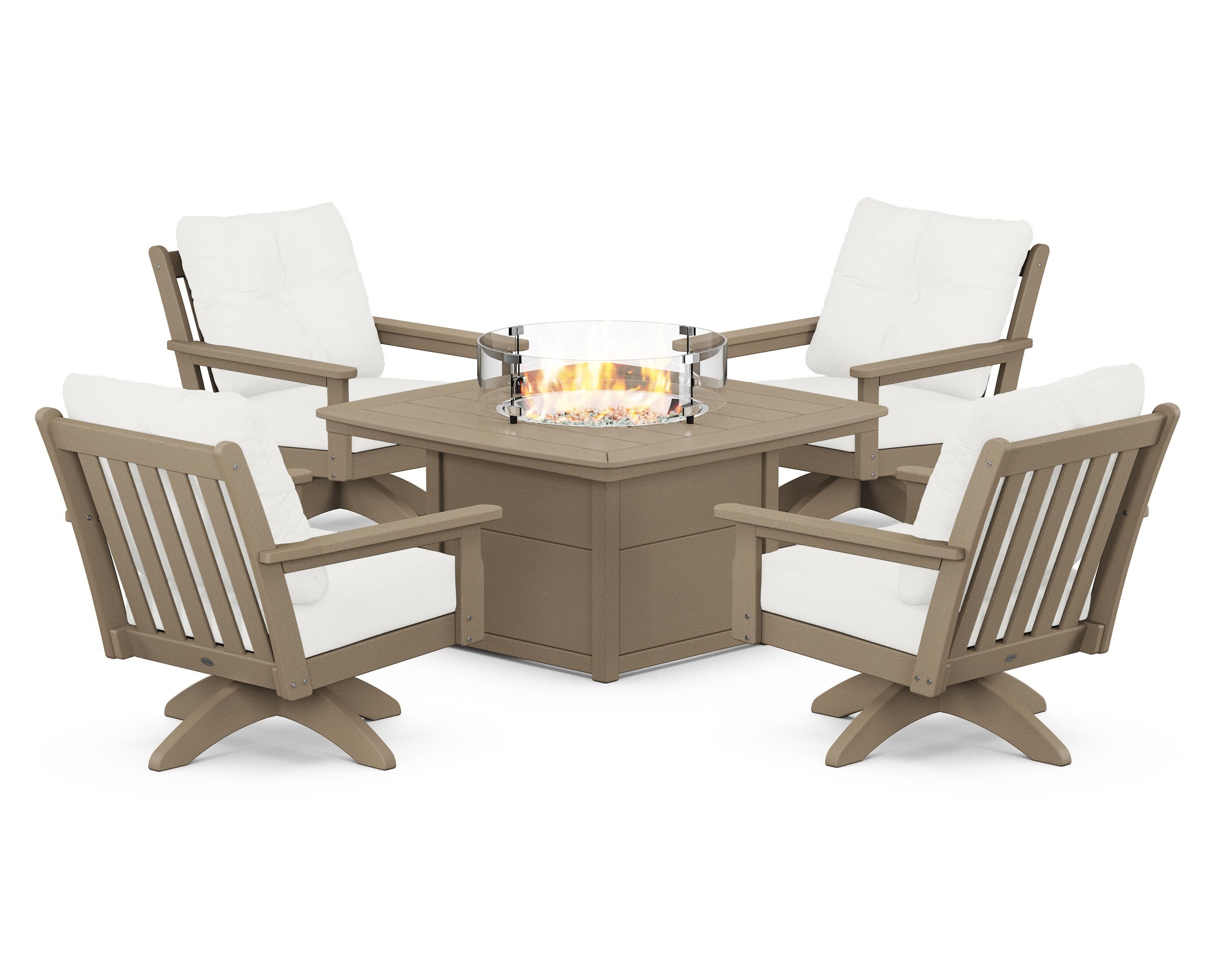 Vineyard 5-Piece Deep Seating Swivel Conversation Set with Fire Pit Table in Vintage Sahara / Natural Linen