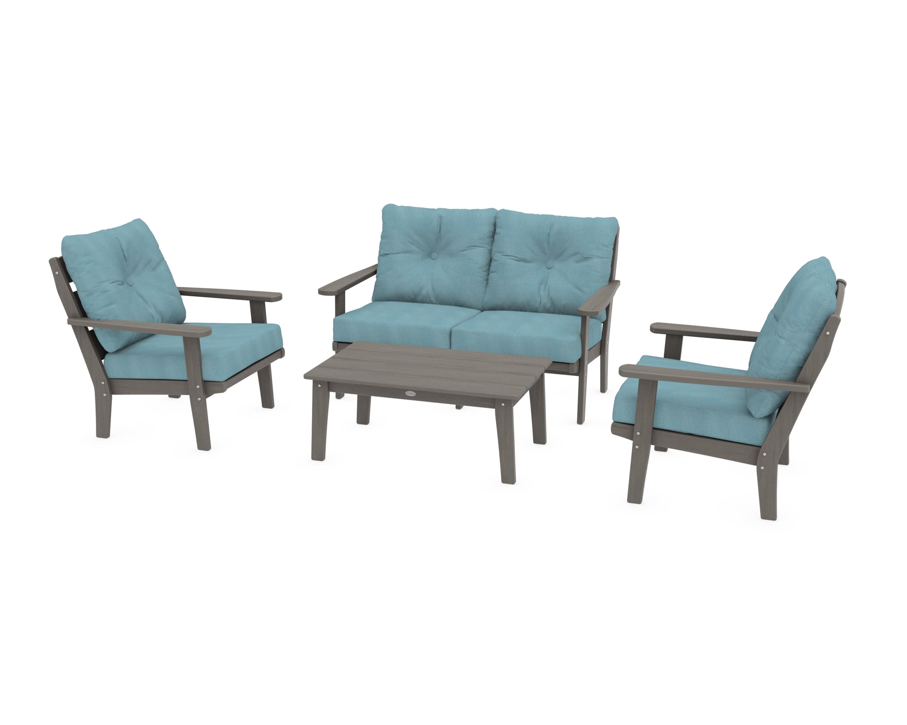 Lakeside 4-Piece Deep Seating Set in Driftwood / Lattice Sky Blue