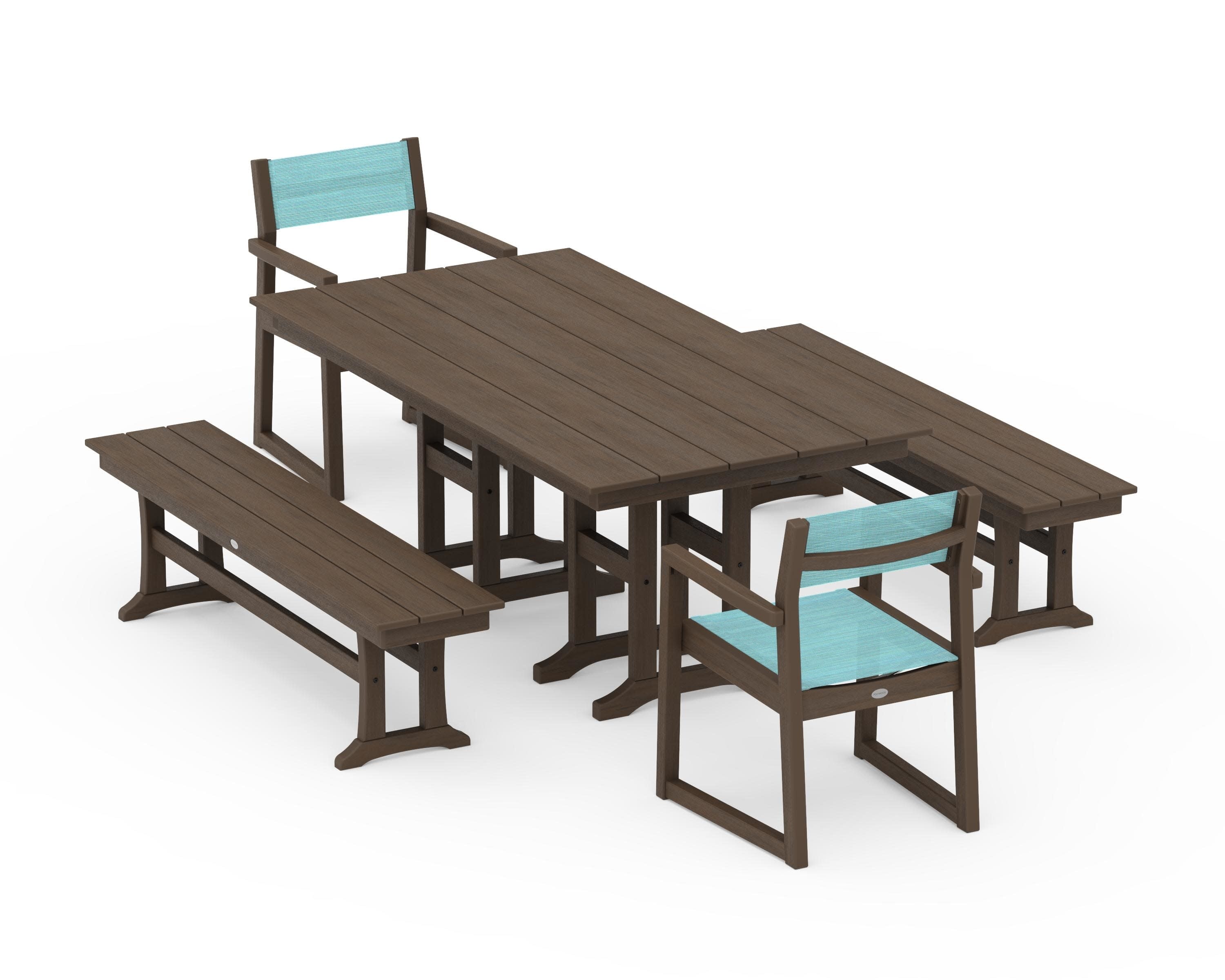 EDGE Sling Arm Chair 5-Piece Farmhouse Dining Set with Benches in Kona / Dupioni Aquamarine Sling