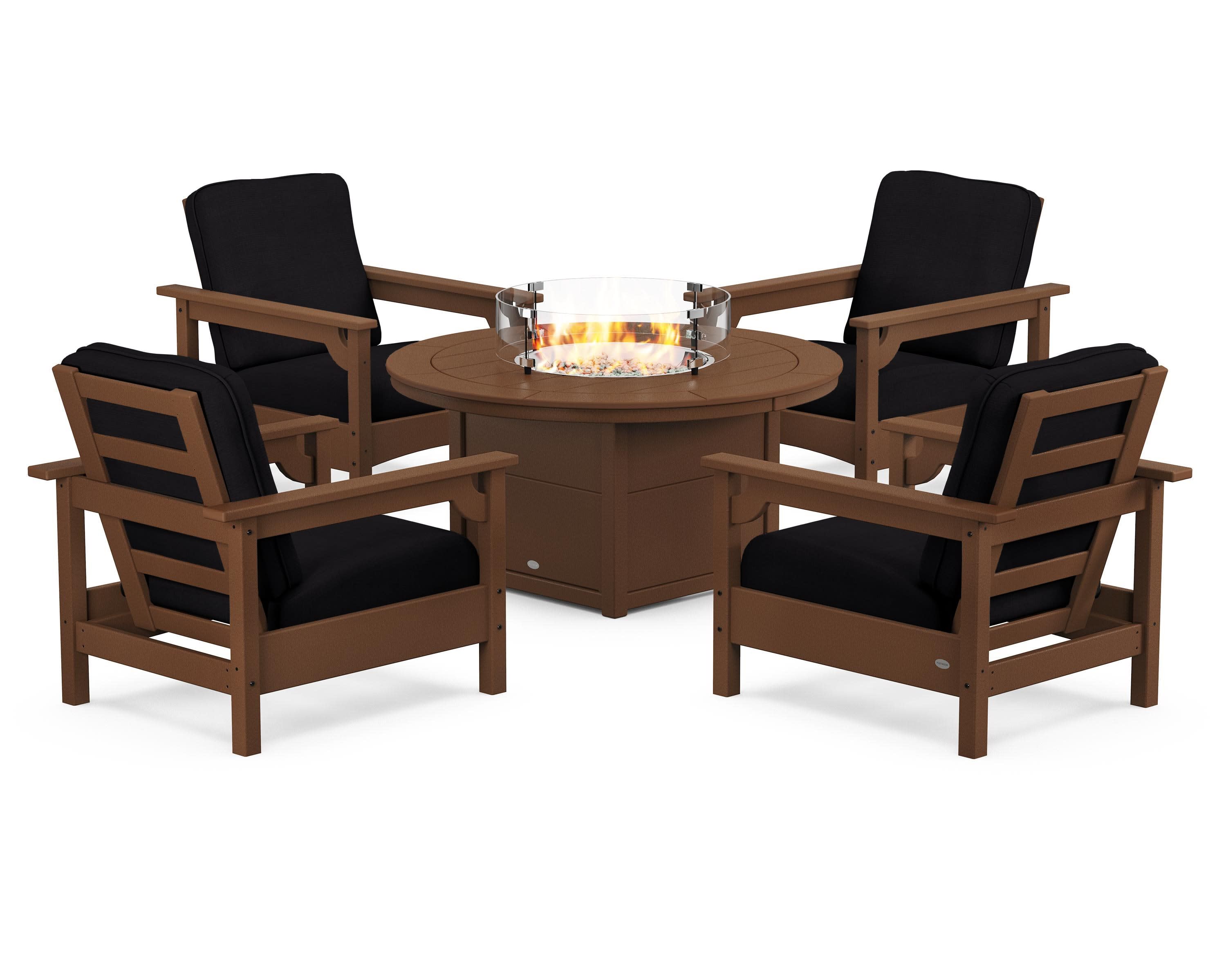 Club 5-Piece Conversation Set with Fire Pit Table in Teak / Midnight Linen