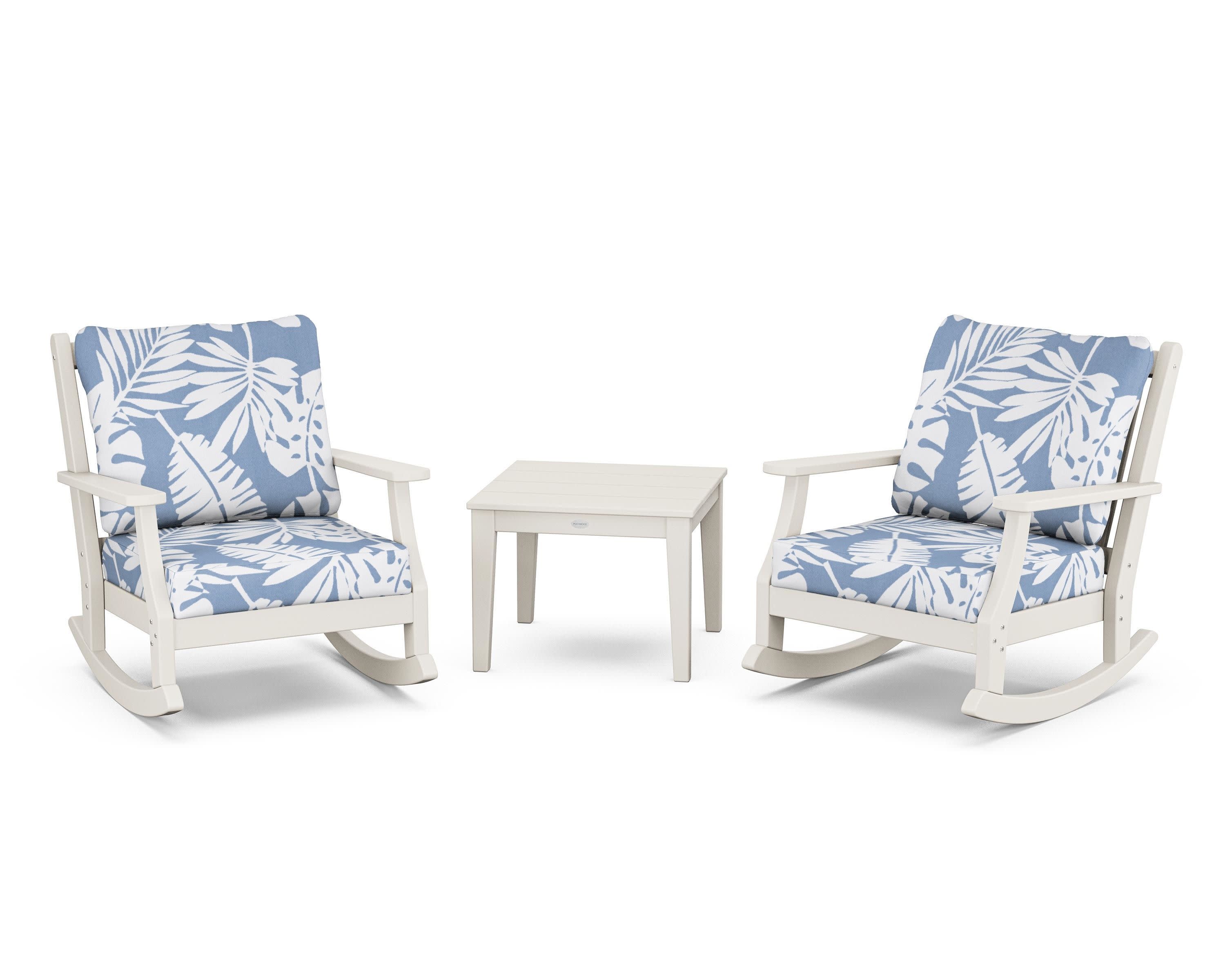 Wovendale 3-Piece Deep Seating Rocker Set in Sand / Leaf Sky Blue