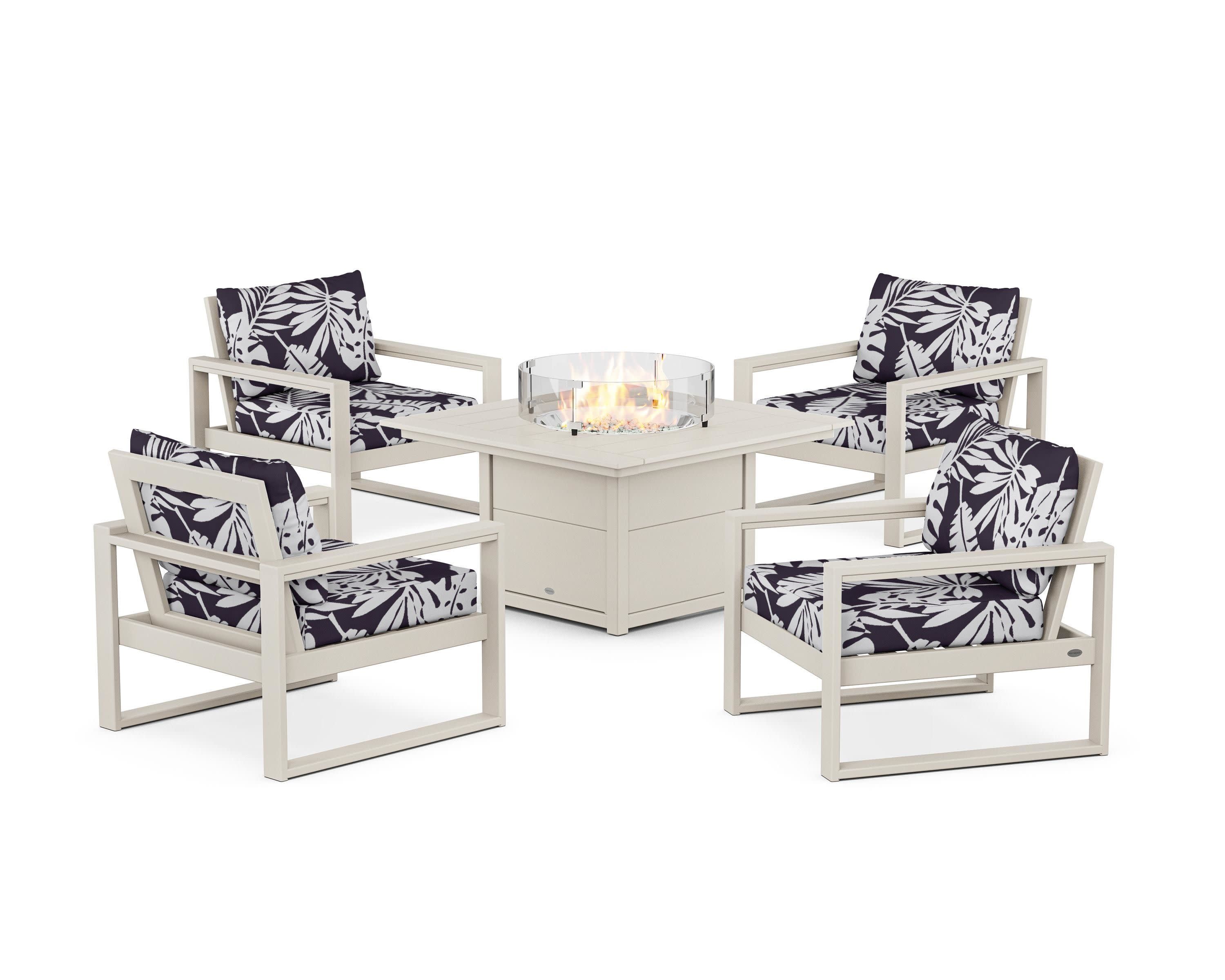 EDGE Sectional 5-Piece Deep Seating Set with Fire Pit Table in Sand / Leaf Navy