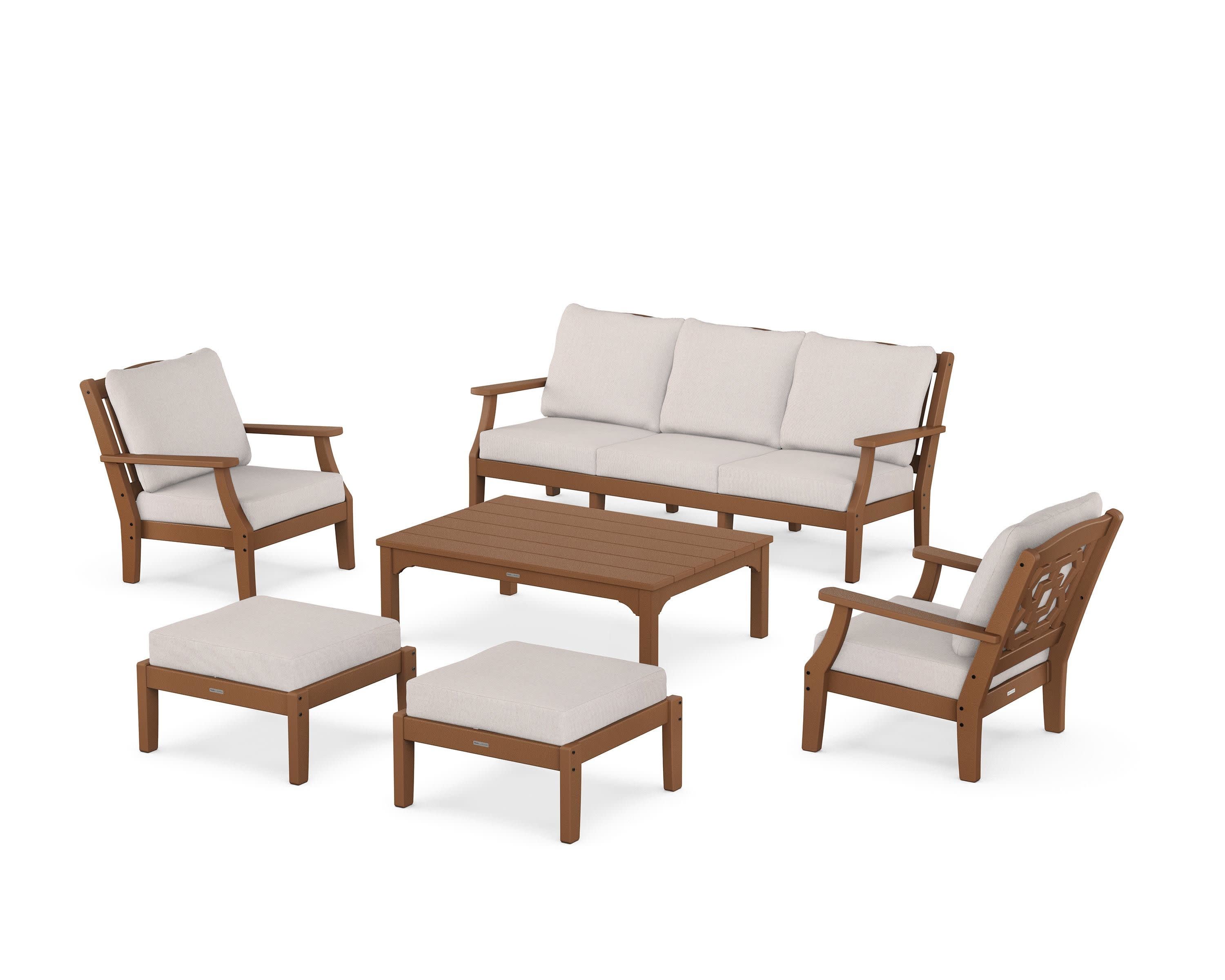 Chinoiserie 6-Piece Lounge Sofa Set in Teak / Dune Burlap