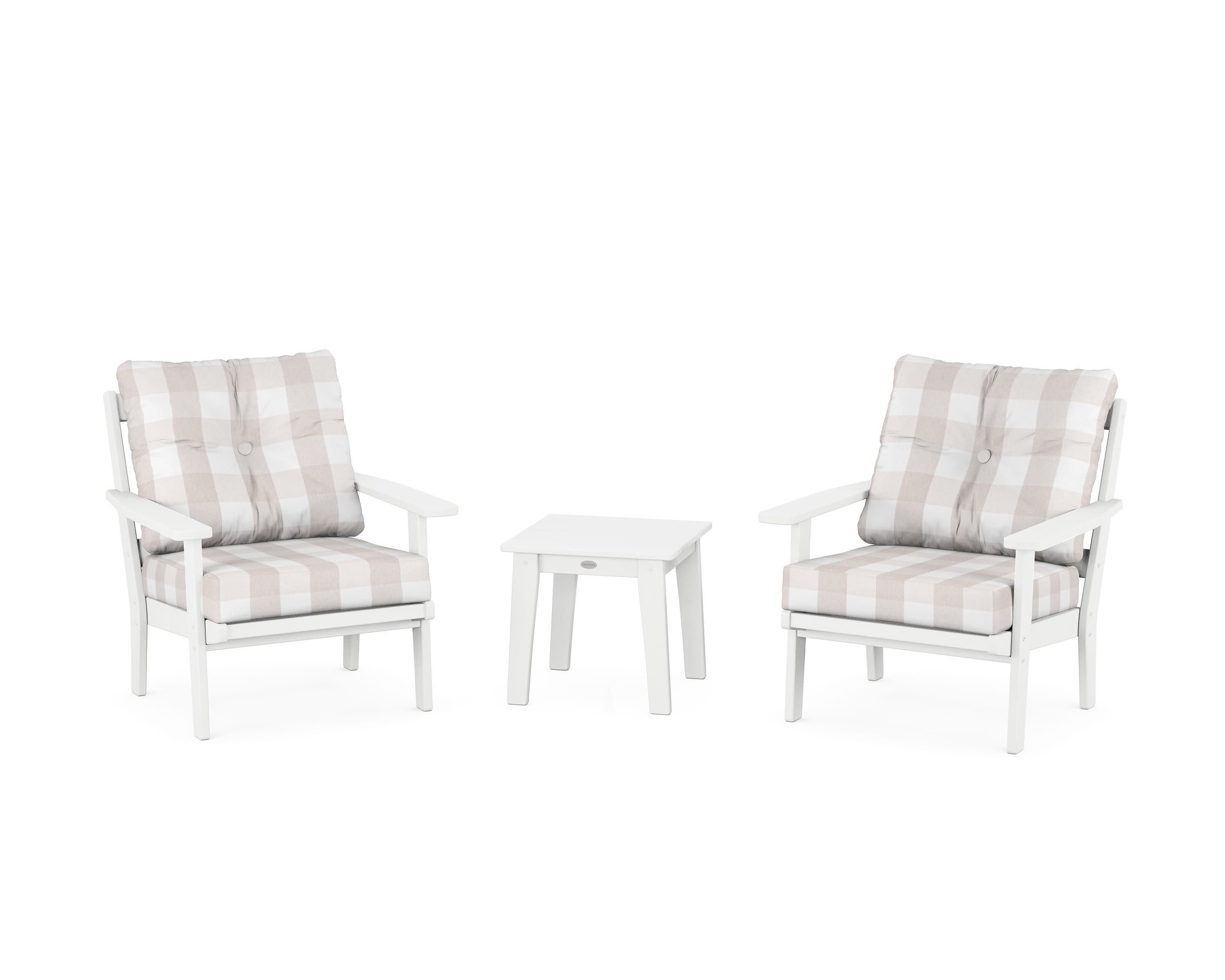 Oxford 3-Piece Deep Seating Set in White / Buffalo Plaid Dune Burlap