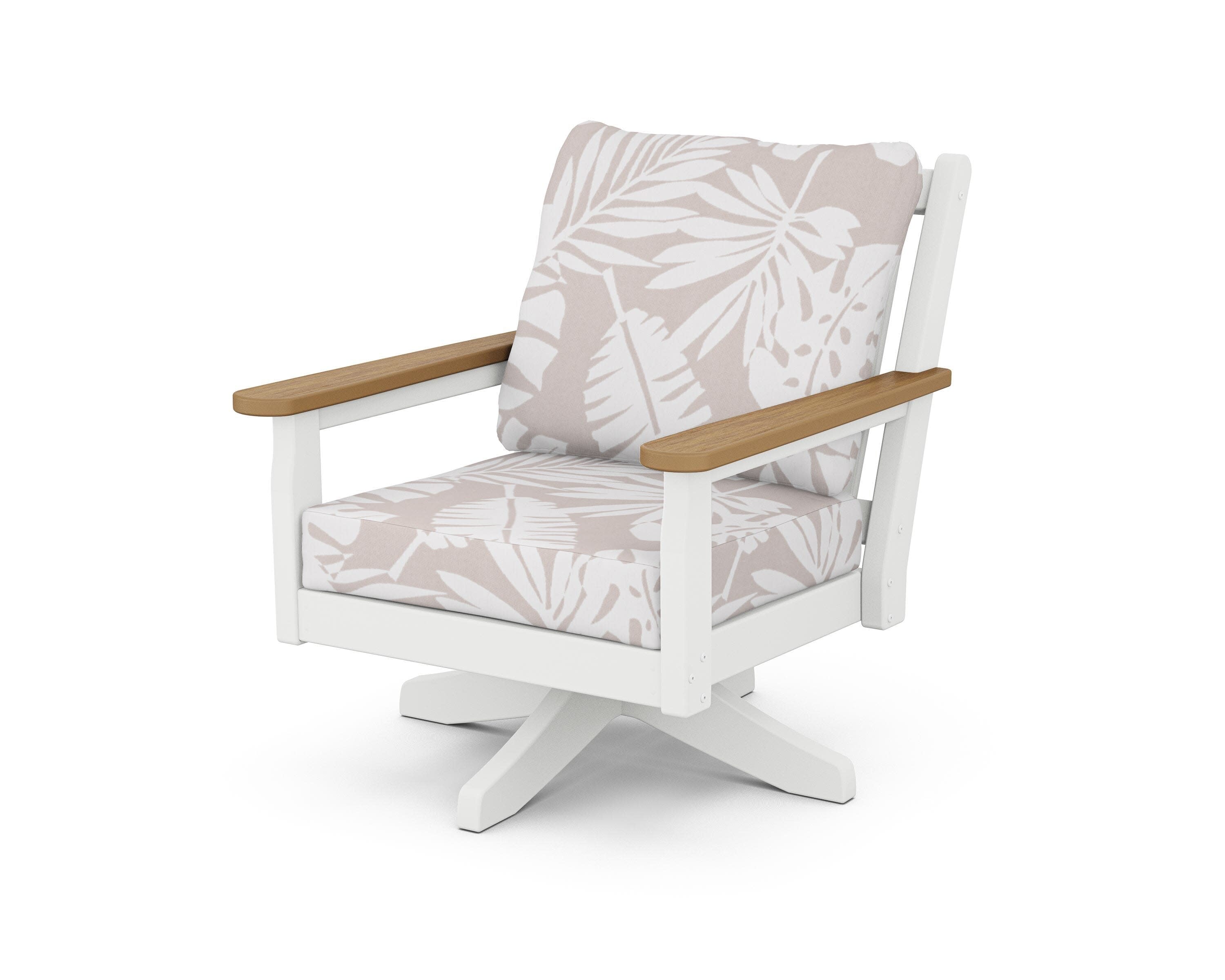 Chippendale Deep Seating Swivel Chair in White / Natural / Leaf Dune Burlap