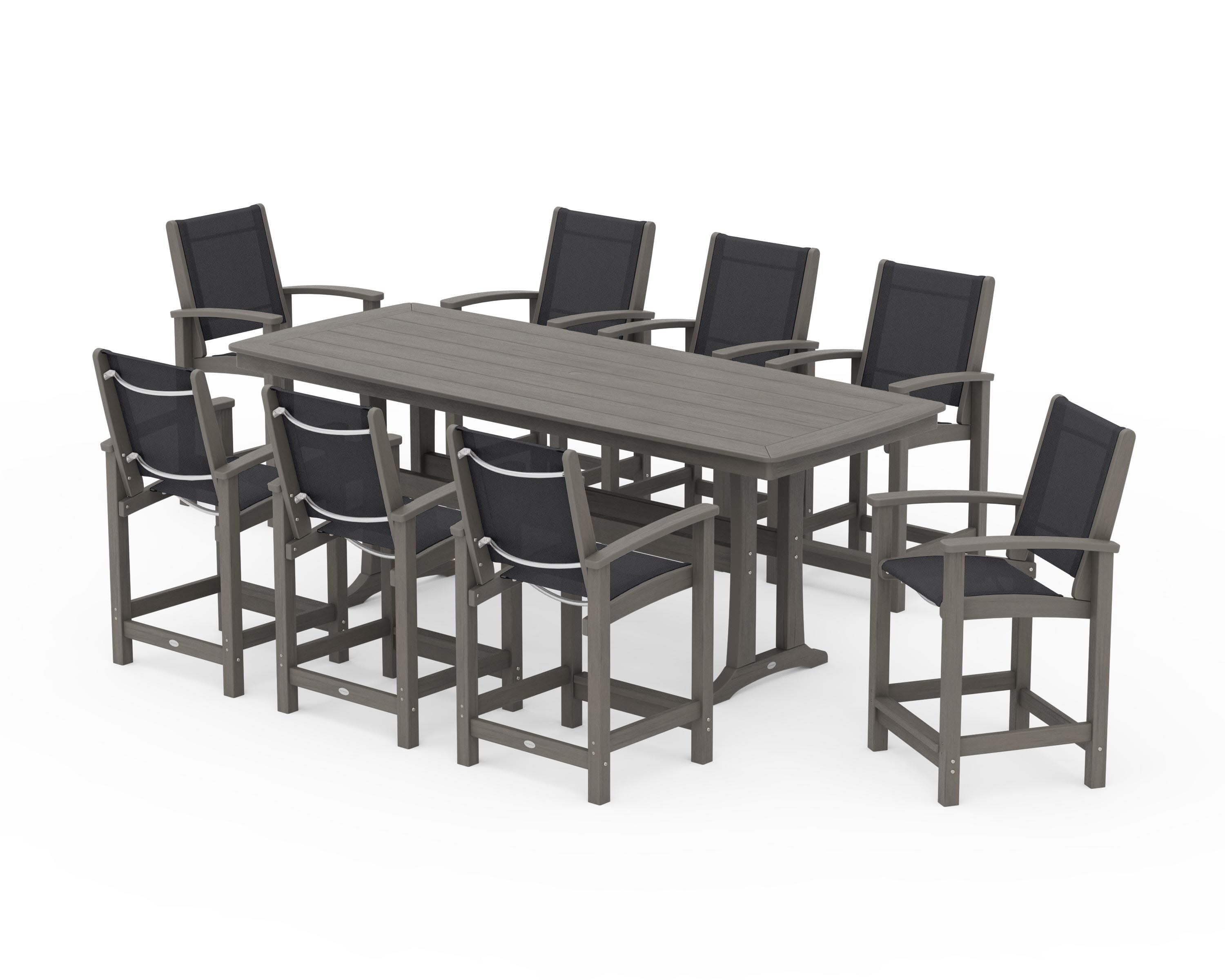 Coastal 9-Piece Counter Set with Trestle Legs in Driftwood / Black Sling