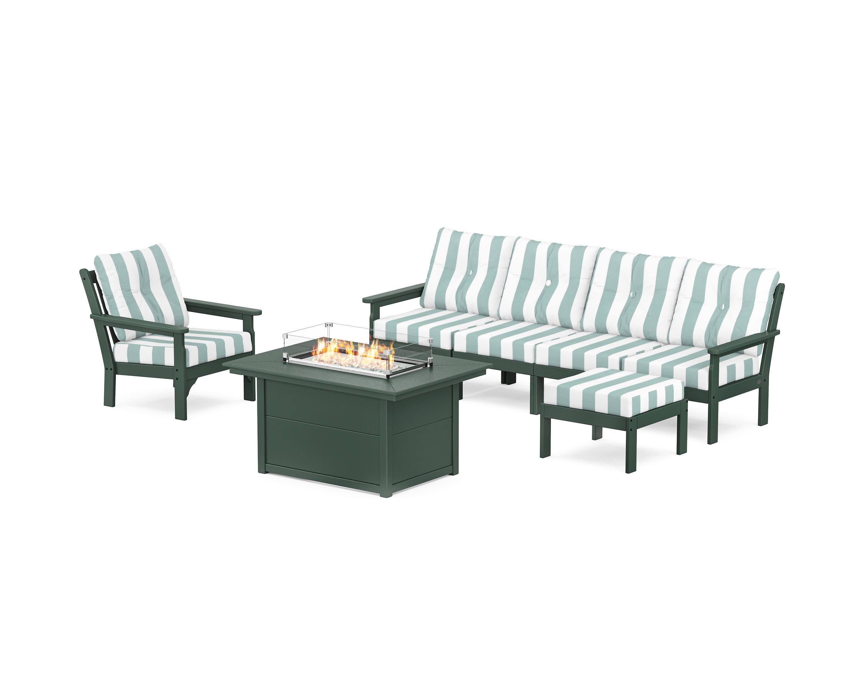 Vineyard Sectional Lounge and Fire Pit Set in Green / Cabana Stripe Glacier Spa