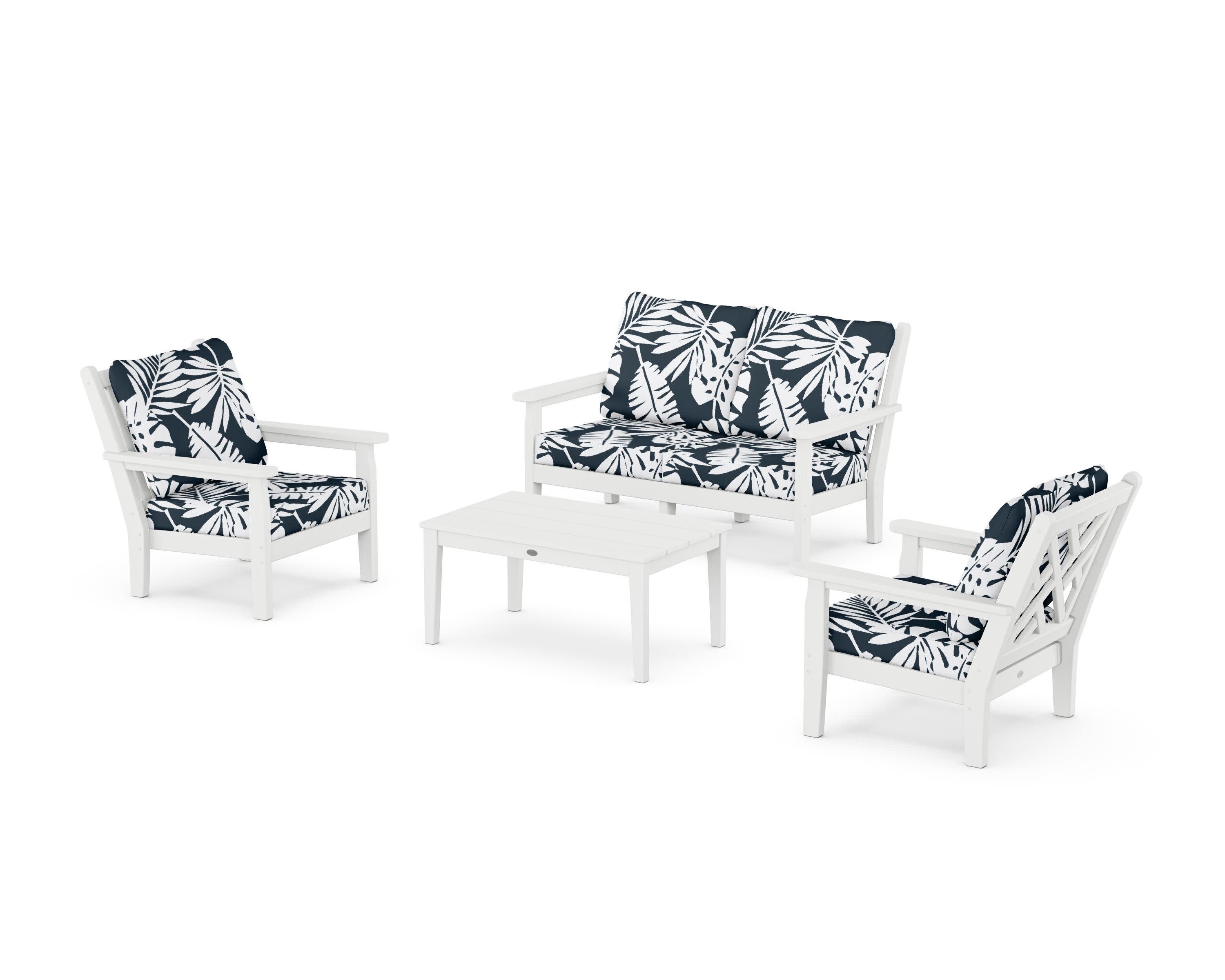 Chippendale 4-Piece Deep Seating Set with Loveseat in White / Leaf Marine Indigo