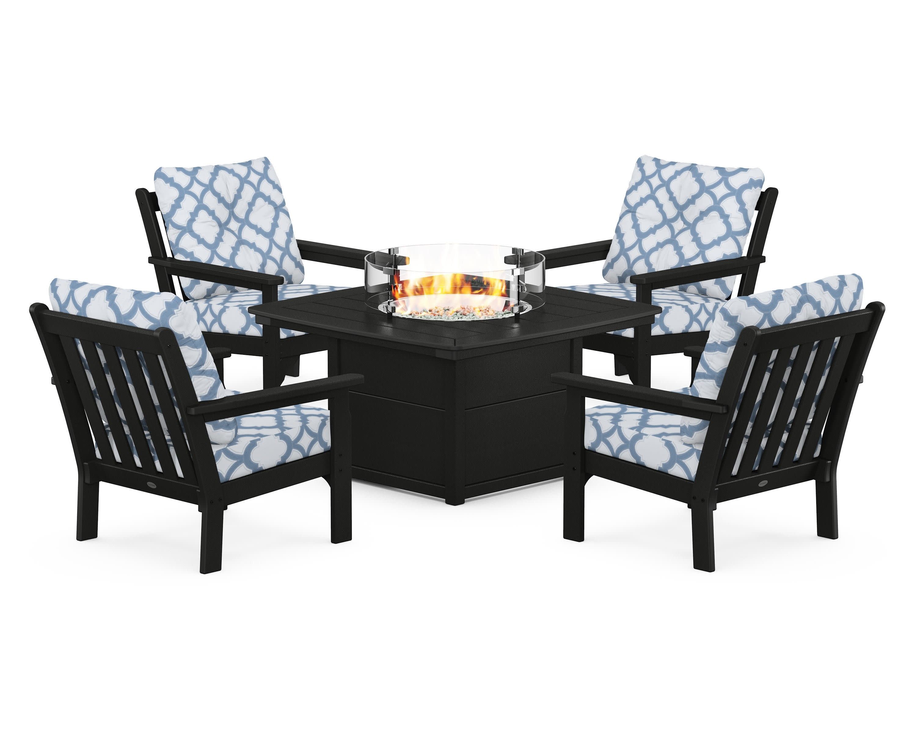Vineyard 5-Piece Conversation Set with Fire Pit Table in Black / Trellis Sky Blue