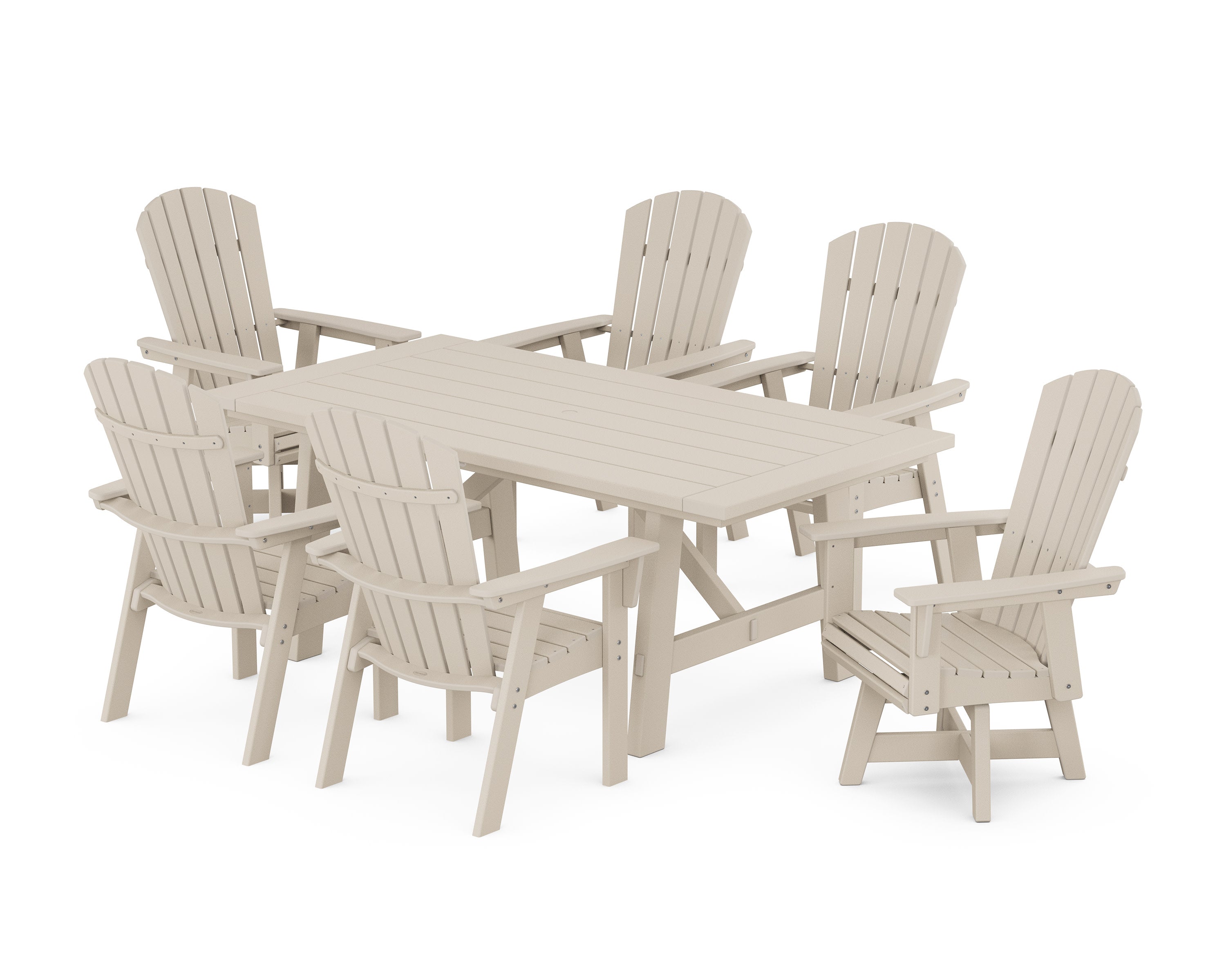 Nautical Curveback Adirondack Swivel Chair 7-Piece Rustic Farmhouse Dining Set in Sand