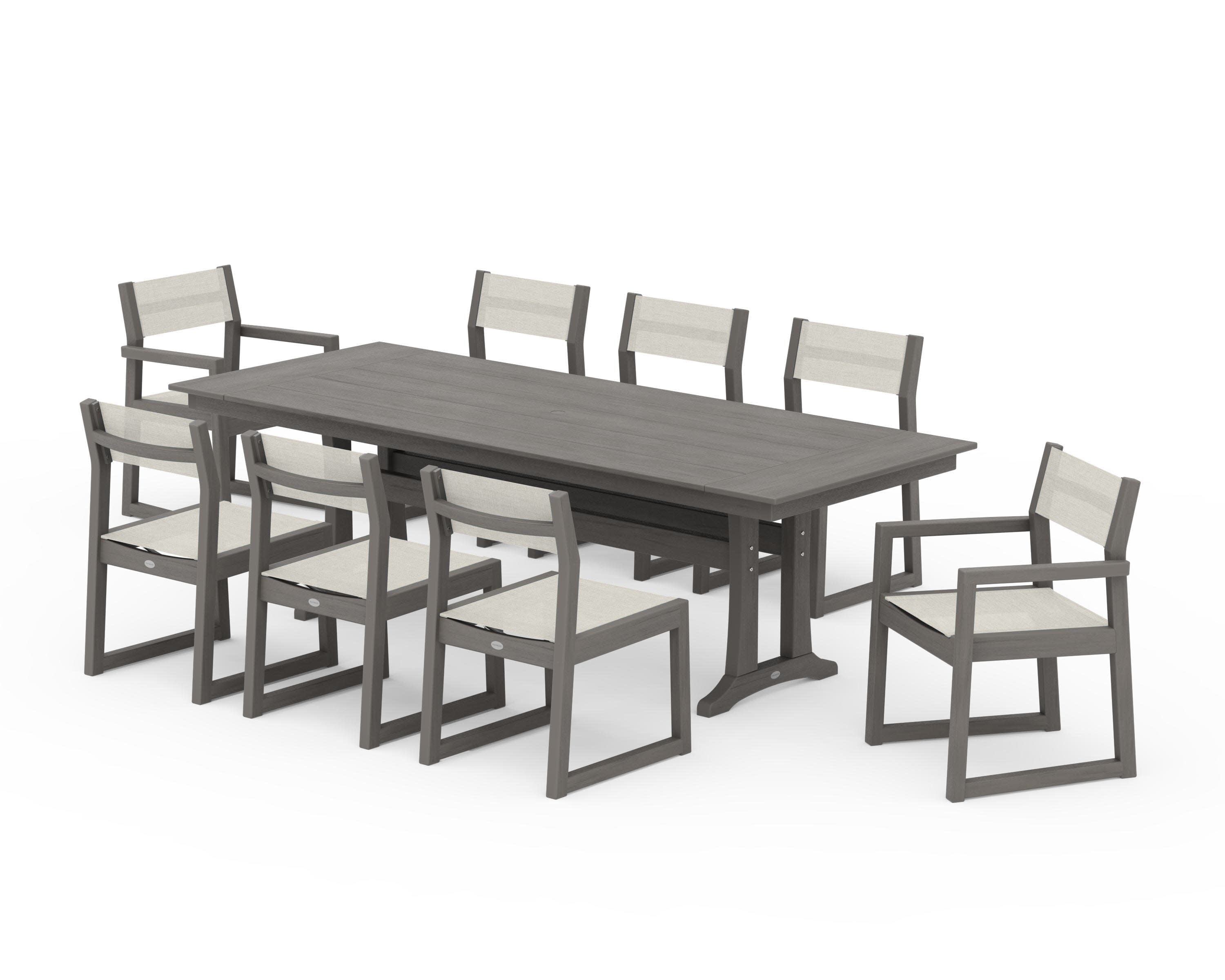 EDGE Sling 9-Piece Farmhouse Trestle Dining Set in Driftwood / Parchment Sling