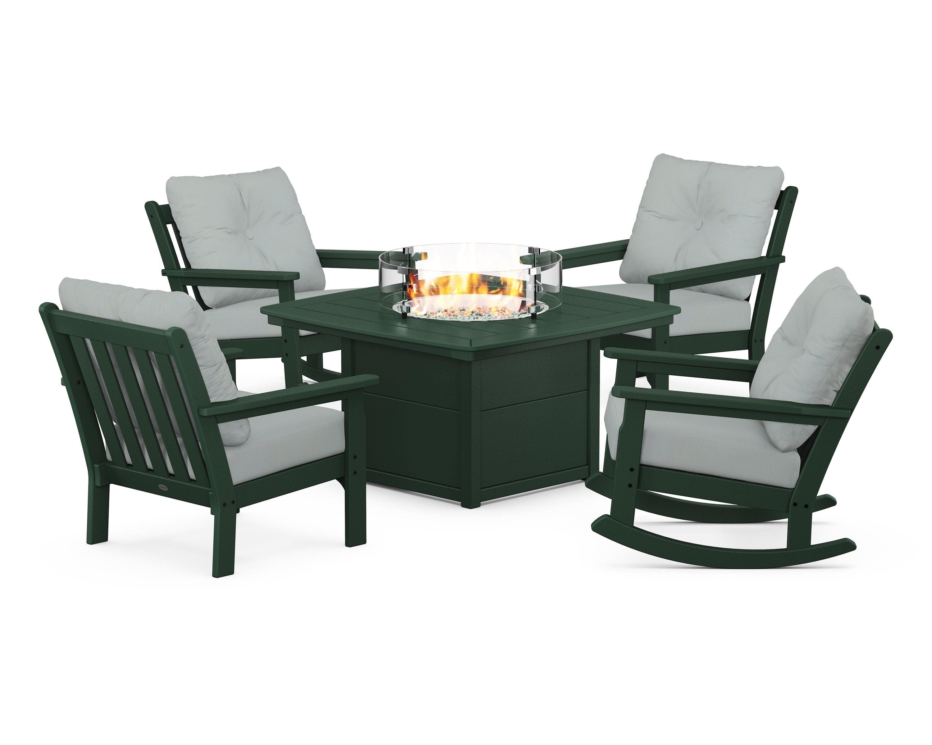 Vineyard 5-Piece Deep Seating Rocking Chair Conversation Set with Fire Pit Table in Green / Spa