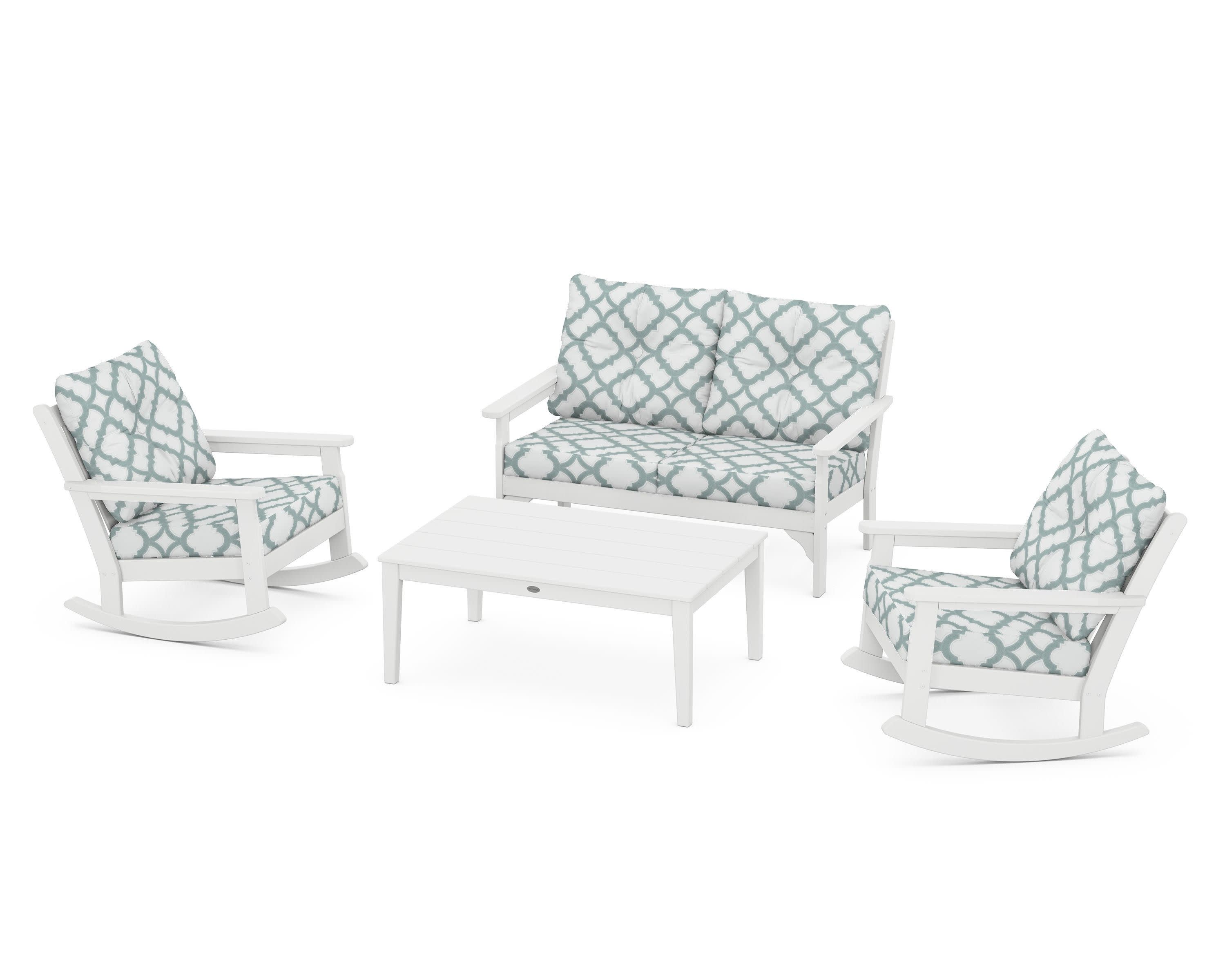 Vineyard 4-Piece Deep Seating Rocking Chair Set in White / Trellis Glacier Spa