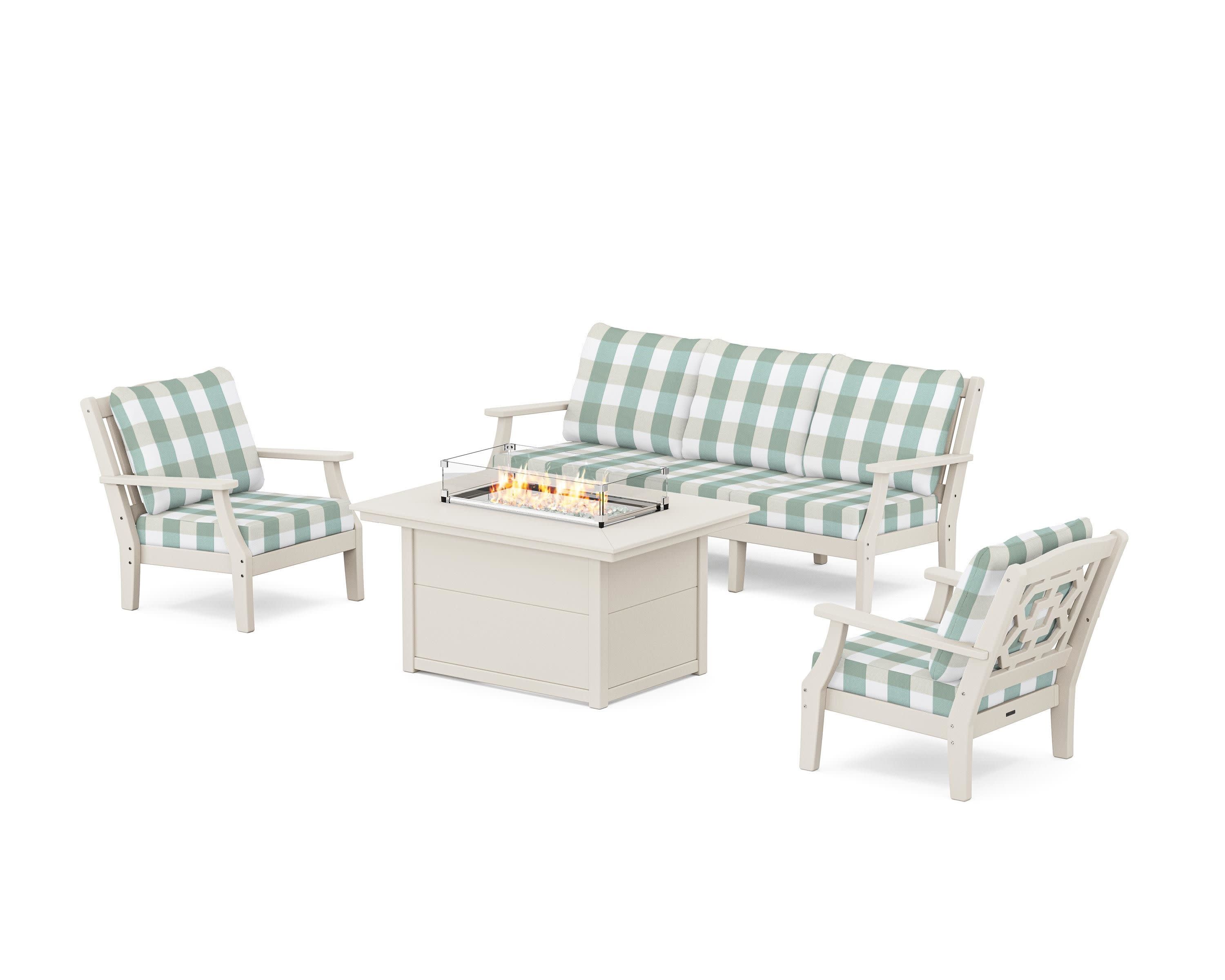 Chinoiserie Deep Seating Fire Pit Table Set in Sand / Buffalo Plaid Glacier Spa
