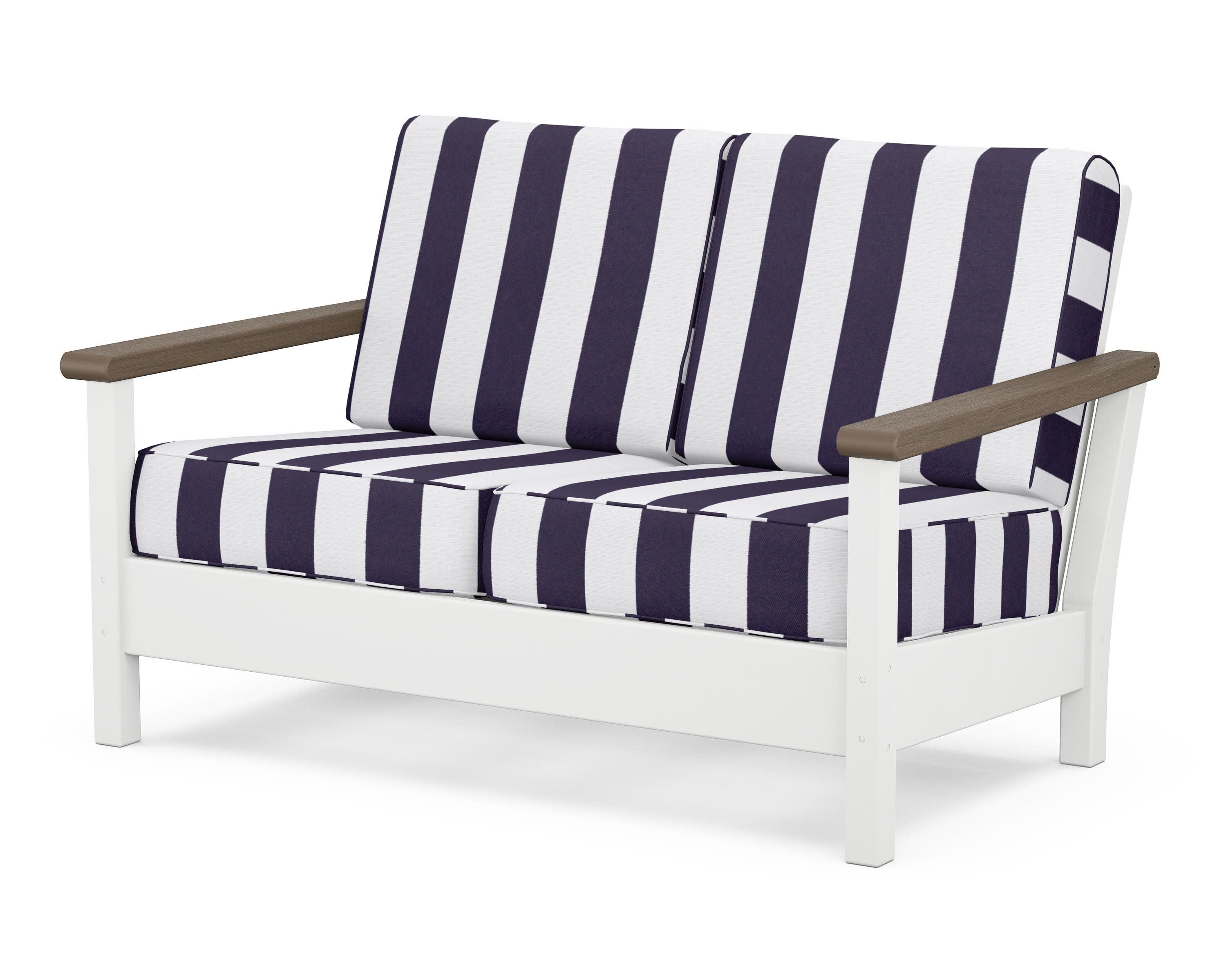 Harbour Deep Seating Loveseat in White / Kona / Cabana Stripe Navy