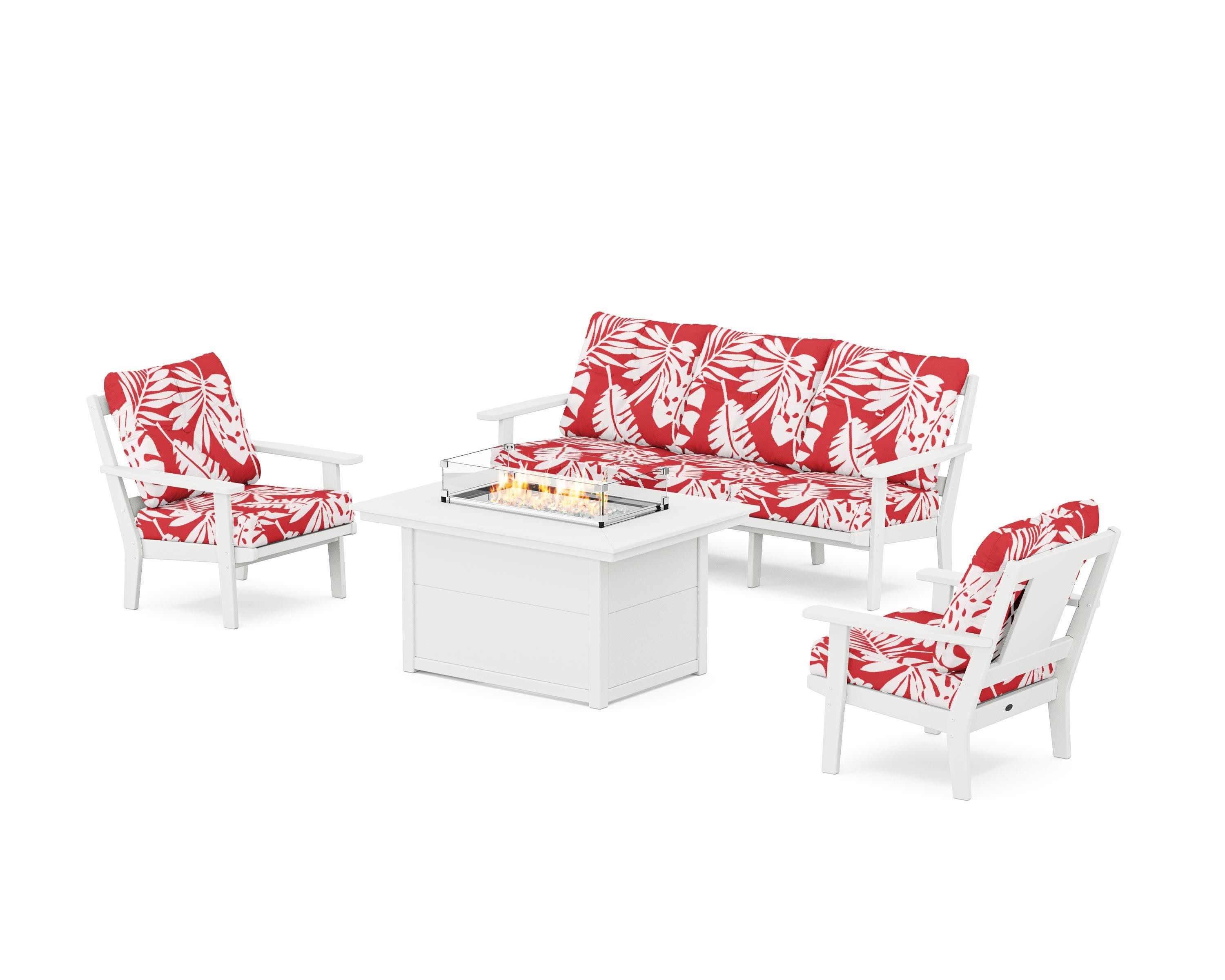 Prairie Deep Seating Fire Pit Table Set in White / Leaf Crimson