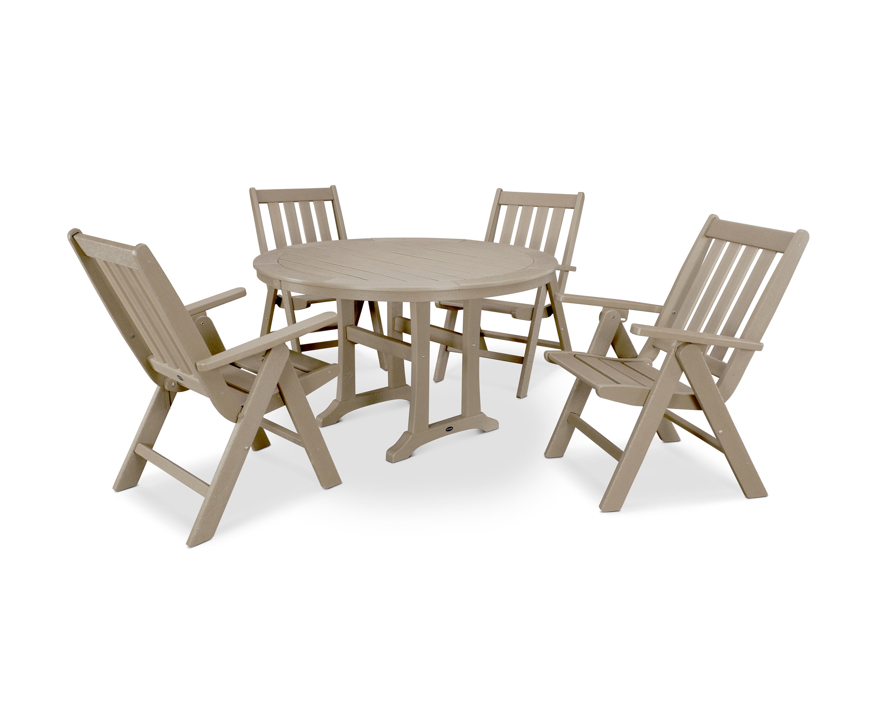 Vineyard Folding Chair 5-Piece Round Dining Set with Trestle Legs in Vintage Sahara