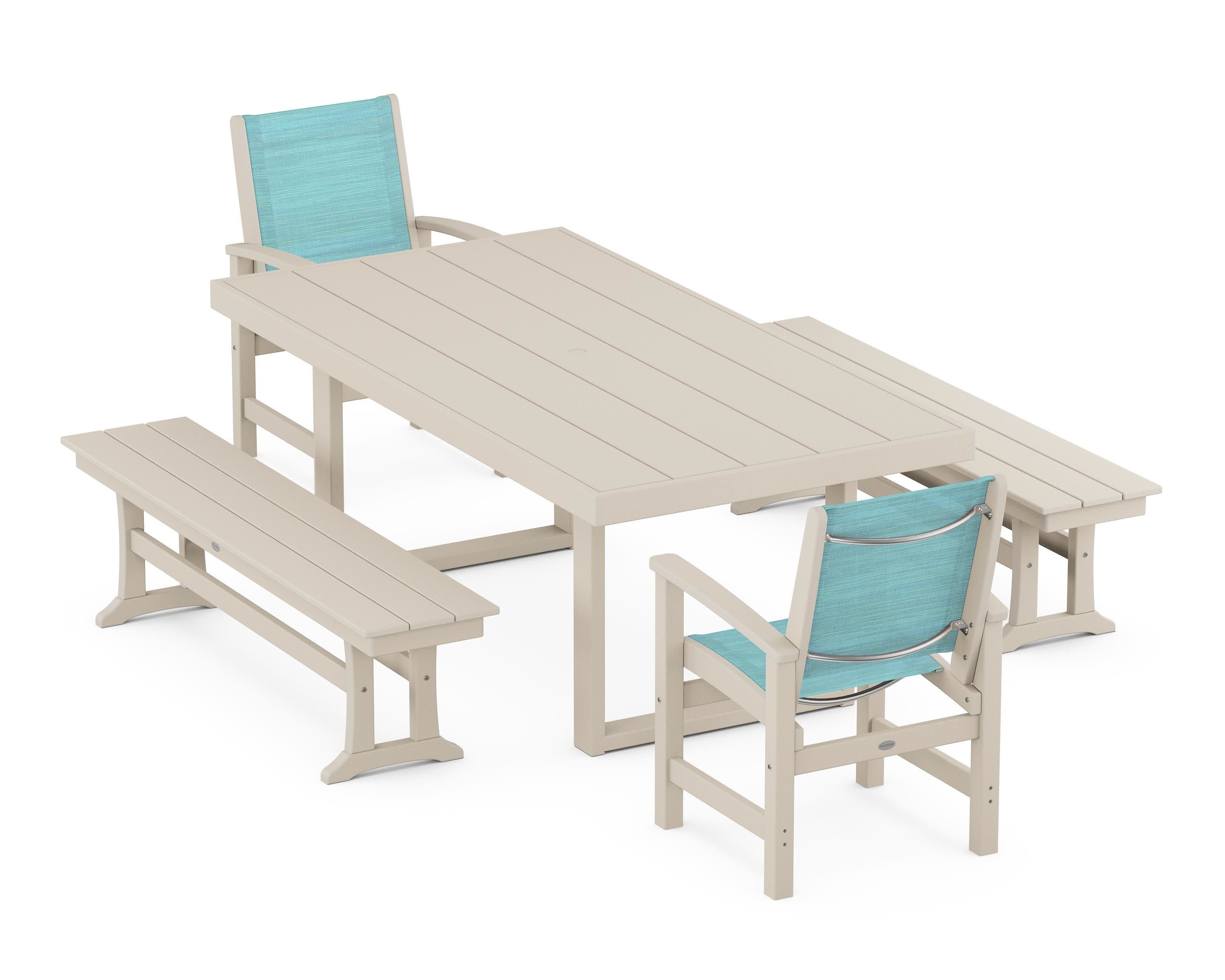 Coastal 5-Piece Dining Set with Trestle Legs in Sand / Dupioni Aquamarine Sling