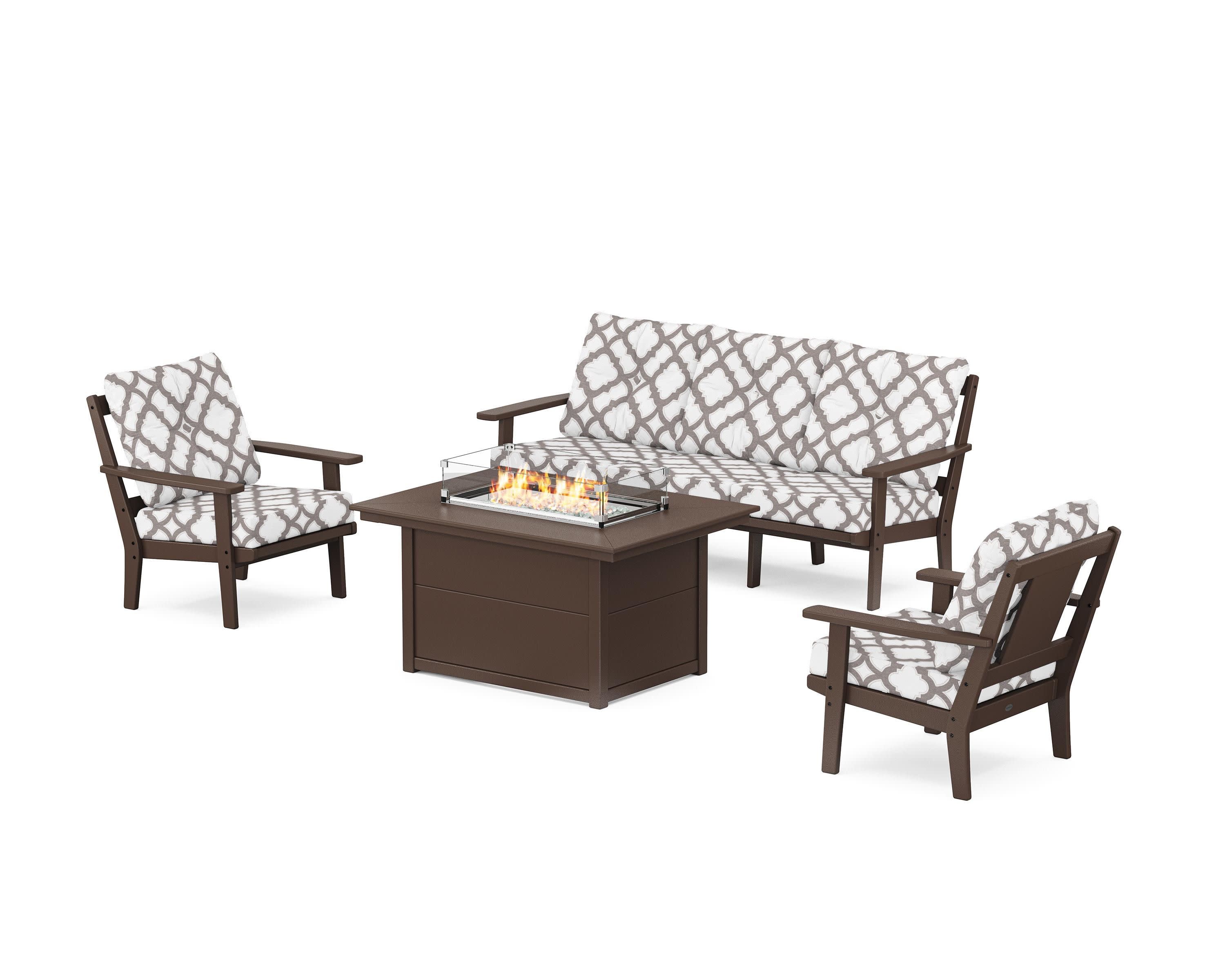 Prairie Deep Seating Fire Pit Table Set in Mahogany / Trellis Grey Mist