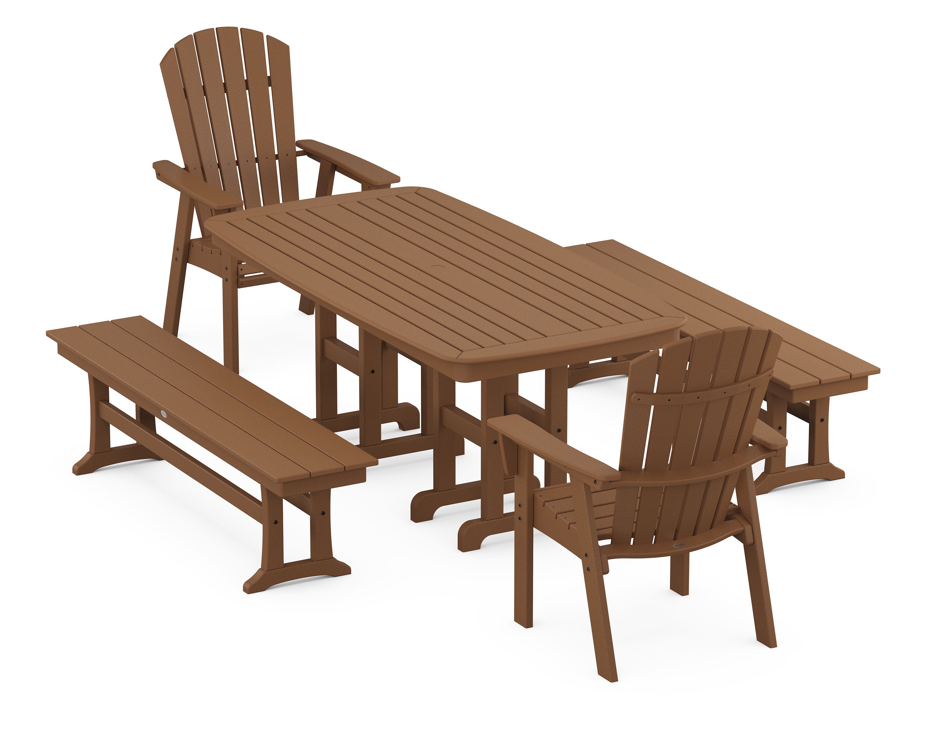 Nautical Curveback Adirondack 5-Piece Dining Set with Benches in Teak