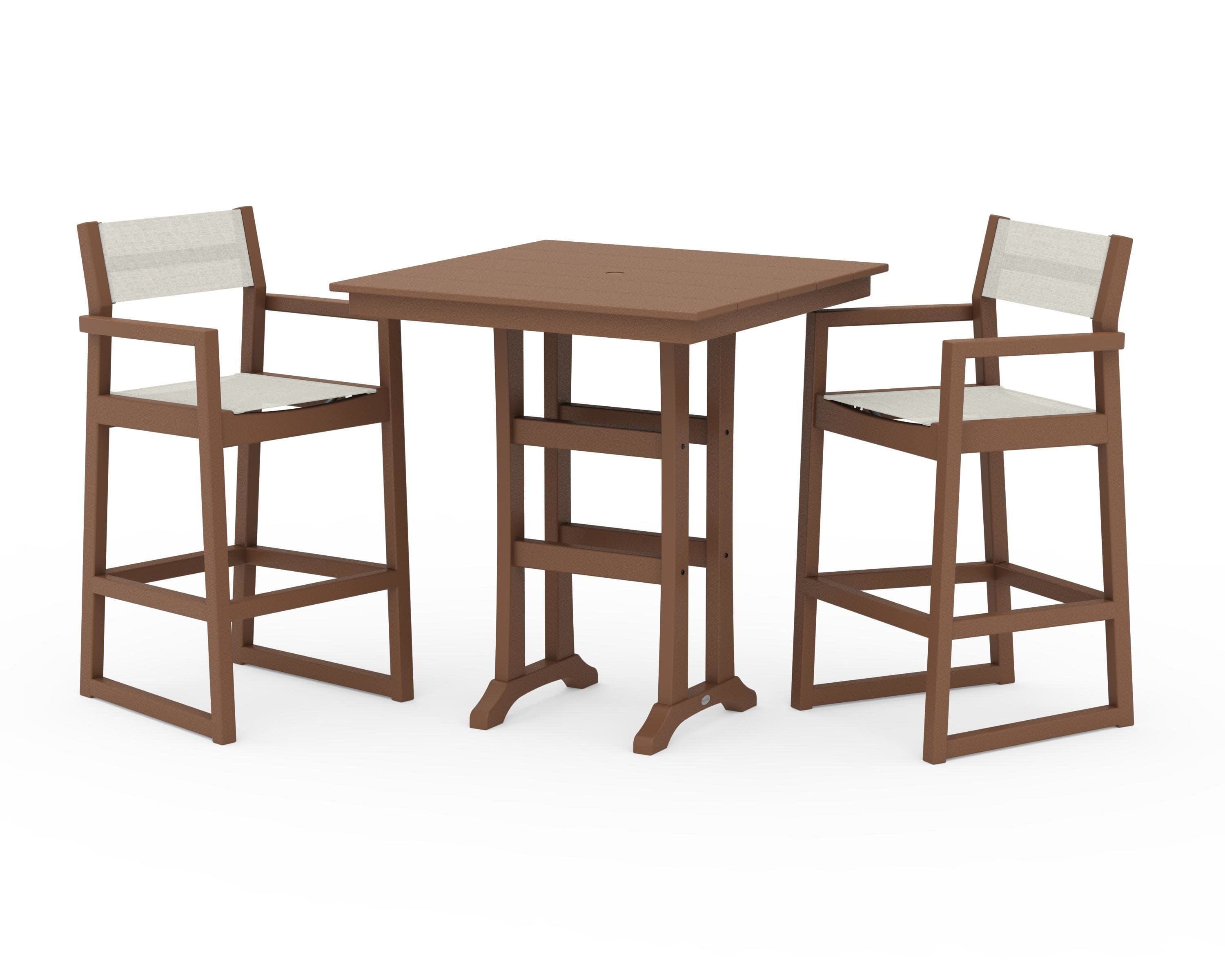 EDGE Sling Arm Chair 3-Piece Farmhouse Bar Set with Trestle Legs in Teak / Parchment Sling