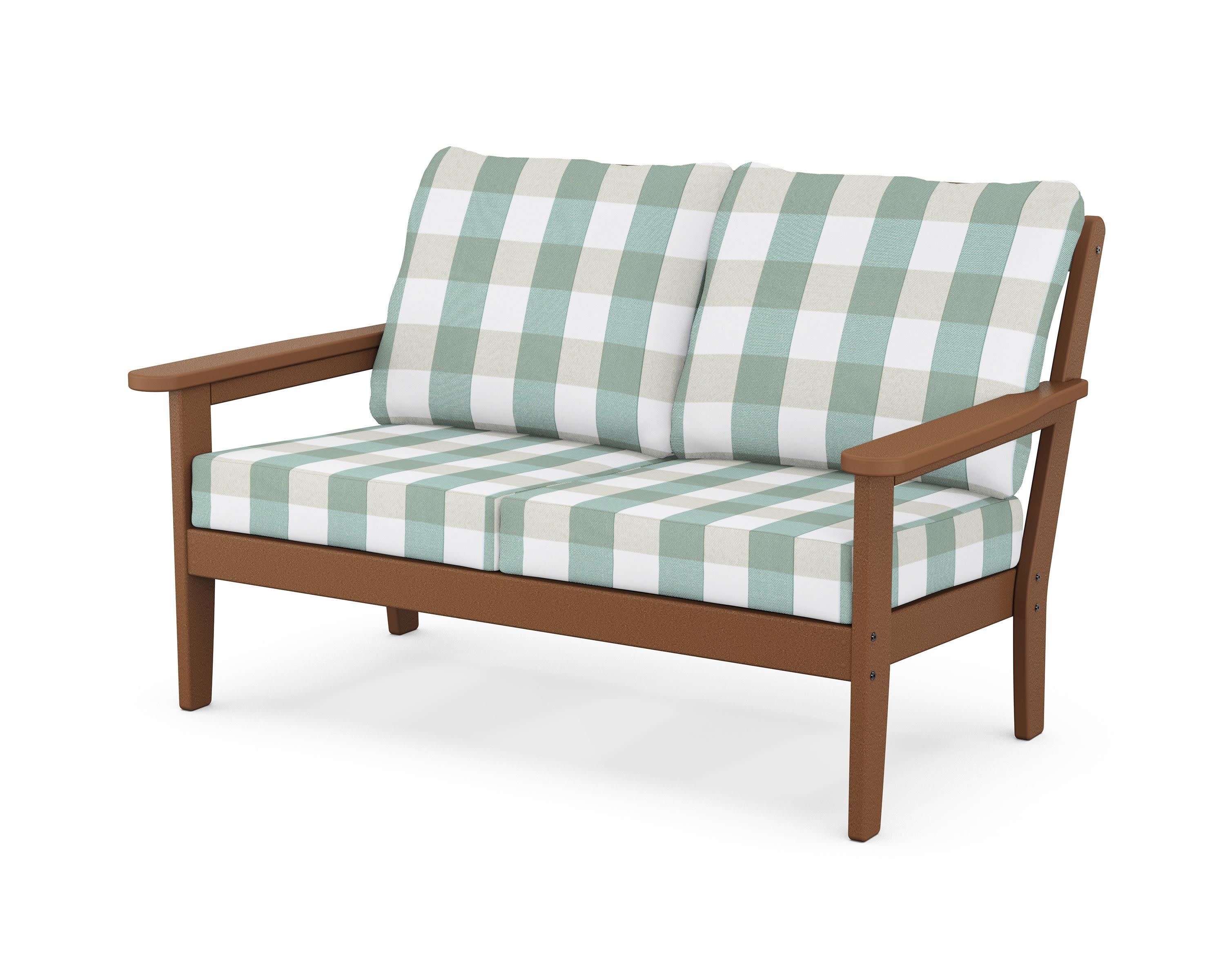 Cottage Deep Seating Loveseat in Teak / Buffalo Plaid Glacier Spa