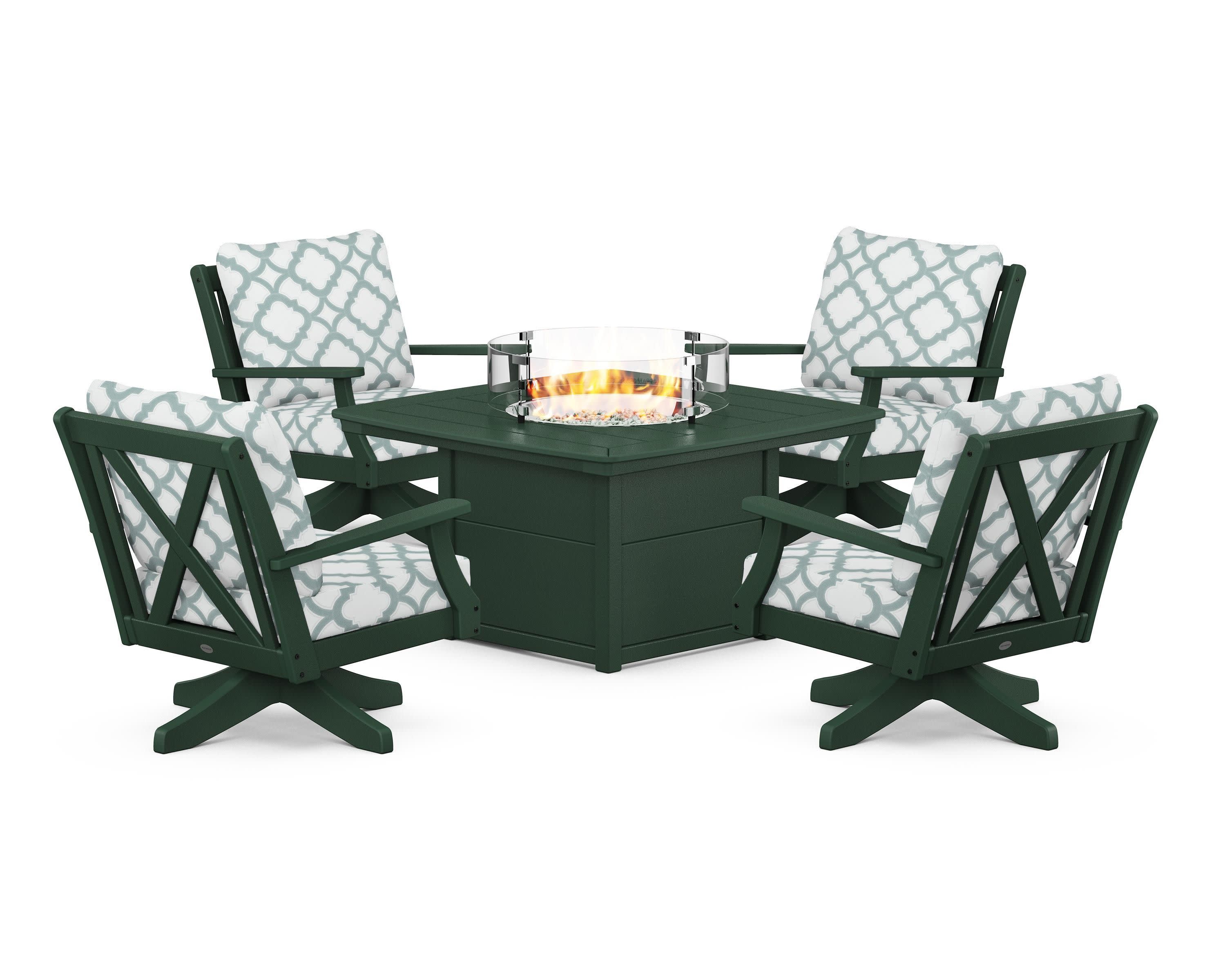 Braxton 5-Piece Deep Seating Swivel Conversation Set with Fire Pit Table in Green / Trellis Glacier Spa