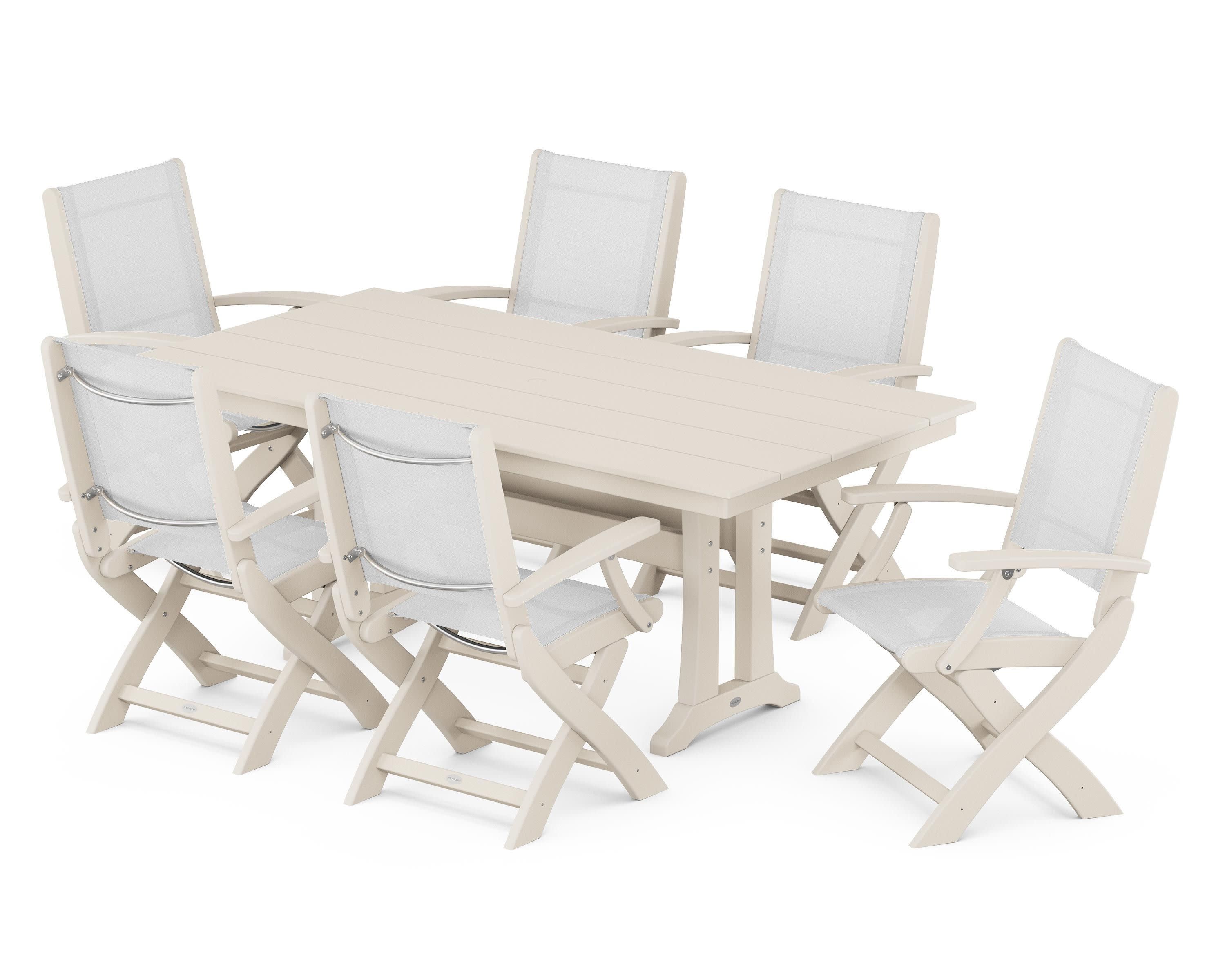Coastal Folding Arm Chair 7-Piece Farmhouse Dining Set with Trestle Legs in Sand / White Sling
